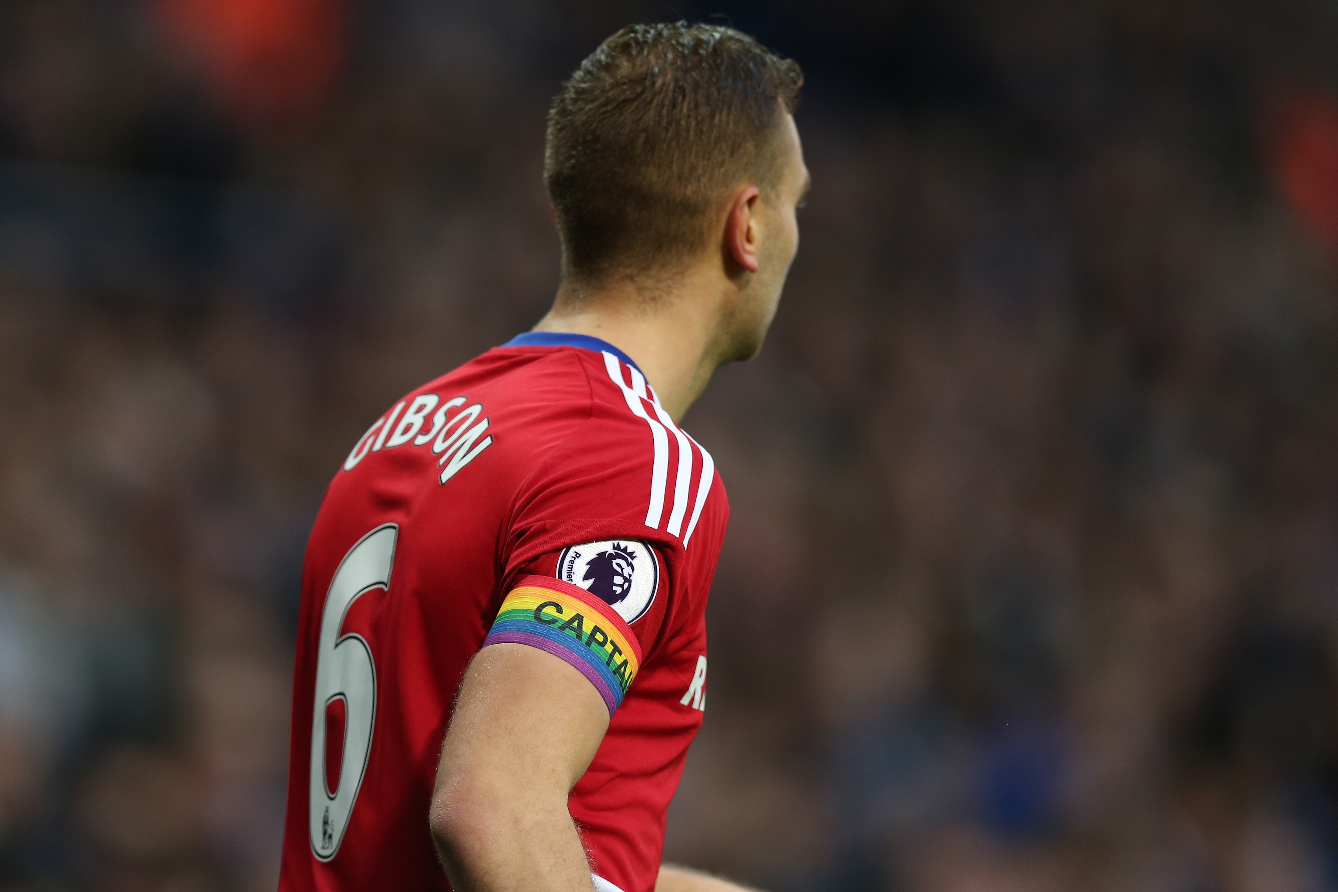 LEICESTER, ENGLAND - NOVEMBER 26: Ben Gibson of Middlesbrough wearing a rainbow captain's arm band during the Premier League match between Leicester City and Middlesbrough at The King Power Stadium on November 26, 2016 in Leicester, England.  (Photo by Alex Morton/Getty Images)