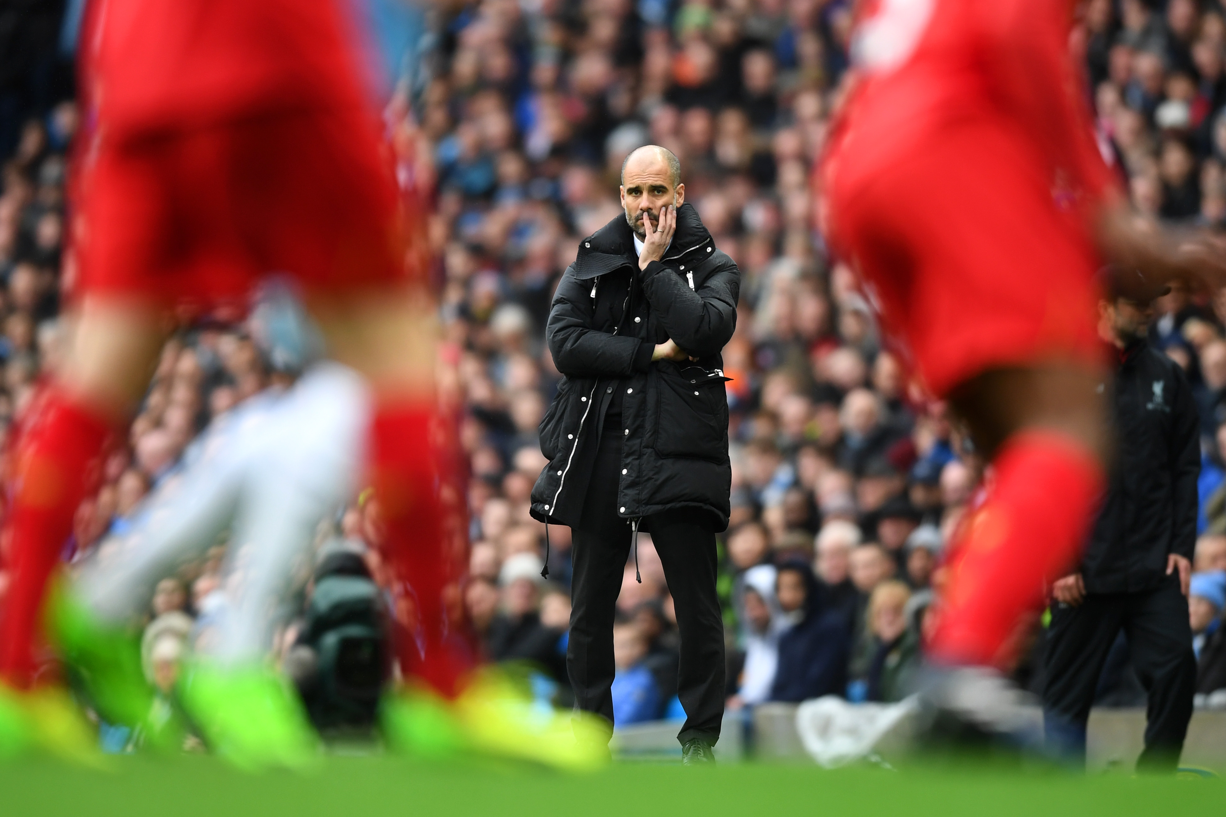 MANCHESTER, ENGLAND - MARCH 19:  Josep Guardiola, Manager of Manchester City looks on during the Premier League match between Manchester City and Liverpool at Etihad Stadium on March 19, 2017 in Manchester, England.  (Photo by Michael Regan/Getty Images)