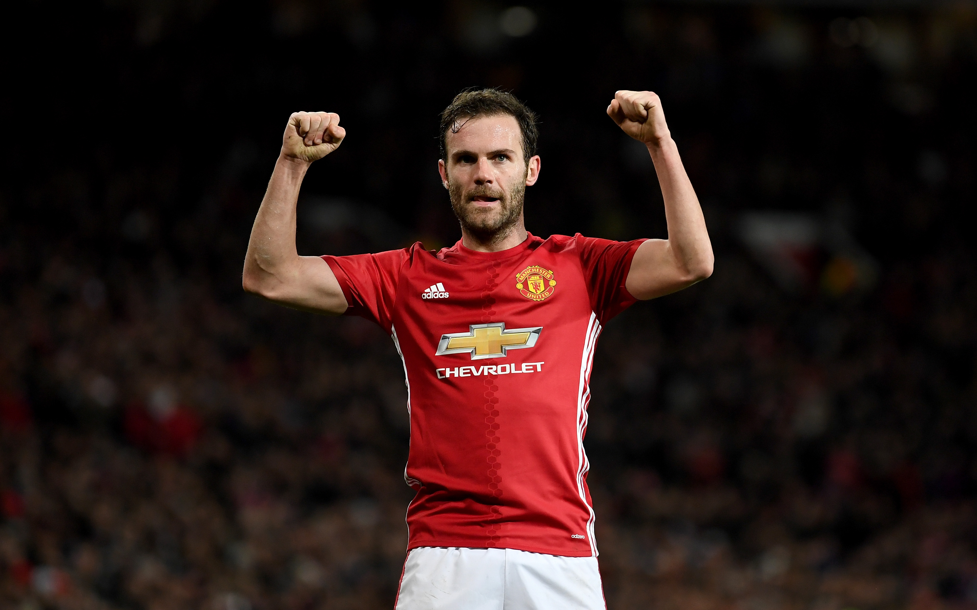 MANCHESTER, ENGLAND - MARCH 16:  Juan Mata of Manchester celebrates after scoring the opening goal during the UEFA Europa  League Round of 16 second leg match between Manchester United and FK Rostov at Old Trafford on March 16, 2017 in Manchester, United Kingdom.  (Photo by Ross Kinnaird/Getty Images)