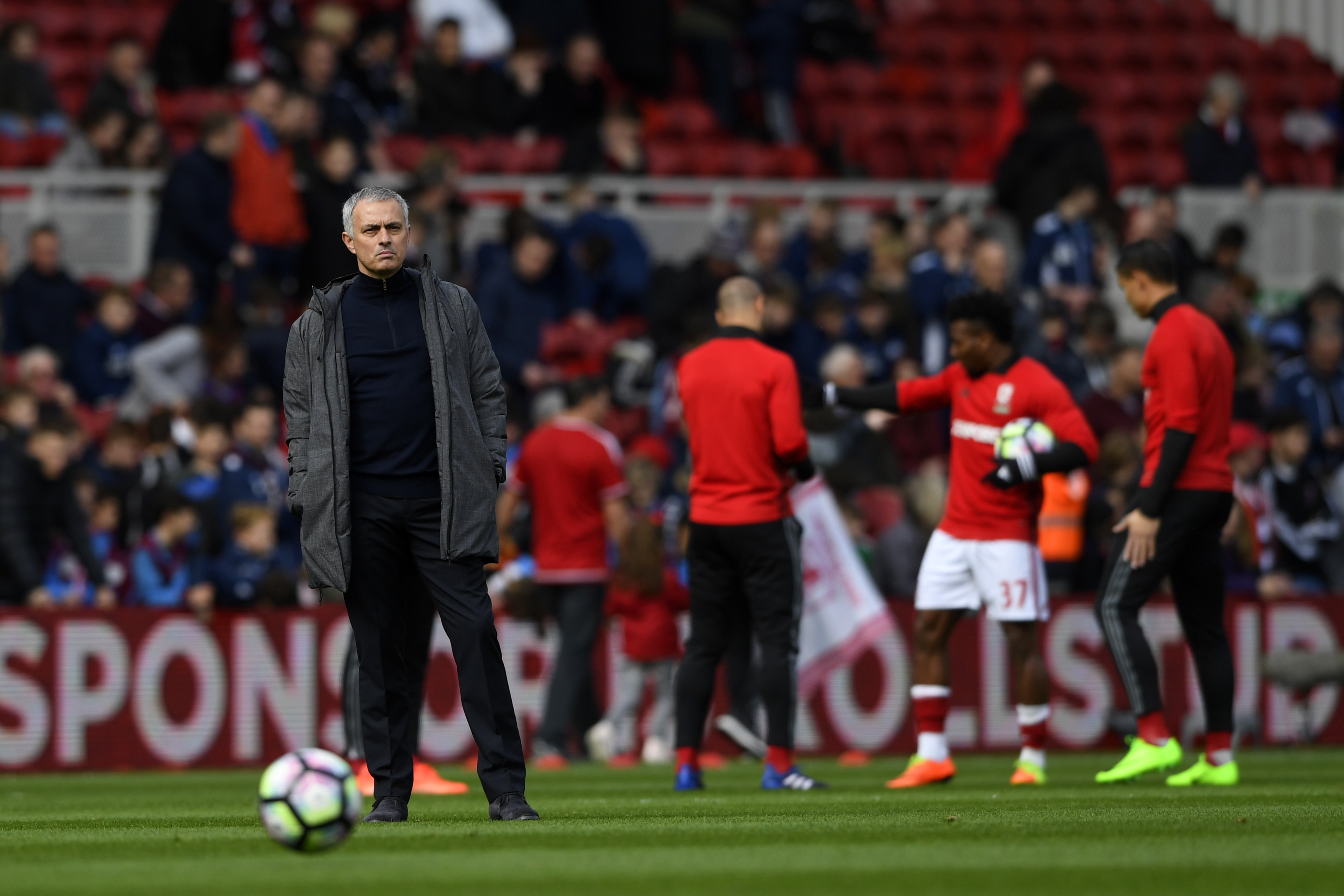 MIDDLESBROUGH, ENGLAND - MARCH 19:  Jose Mourinho, Manager of Manchester United looks on as his team warm up prior to the Premier League match between Middlesbrough and Manchester United at Riverside Stadium on March 19, 2017 in Middlesbrough, England.  (Photo by Stu Forster/Getty Images)