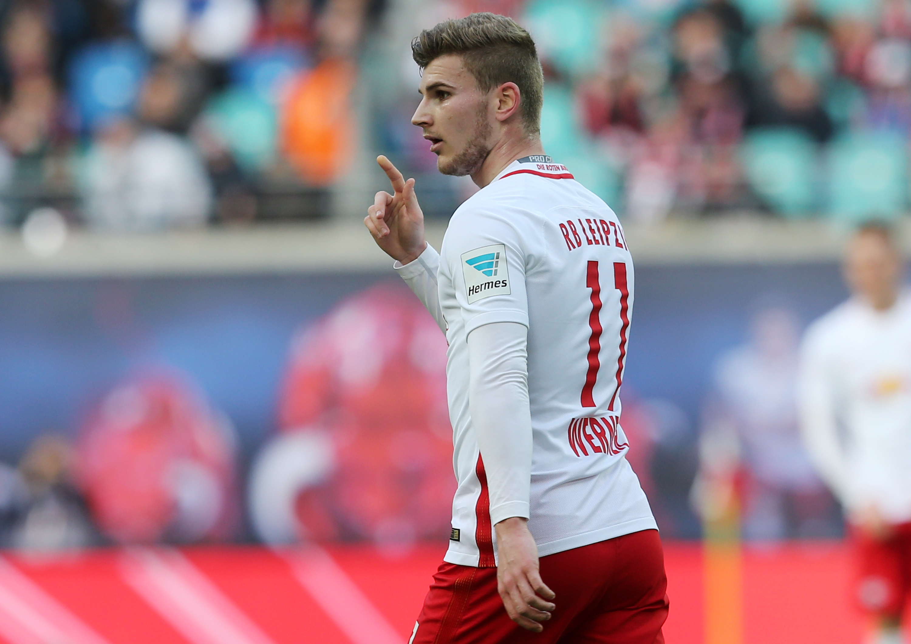 LEIPZIG, GERMANY - MARCH 11:  Timo Werner of Leipzig looks on during the Bundesliga match between RB Leipzig and VfL Wolfsburg at Red Bull Arena on March 11, 2017 in Leipzig, Germany.  (Photo by Matthias Kern/Bongarts/Getty Images)