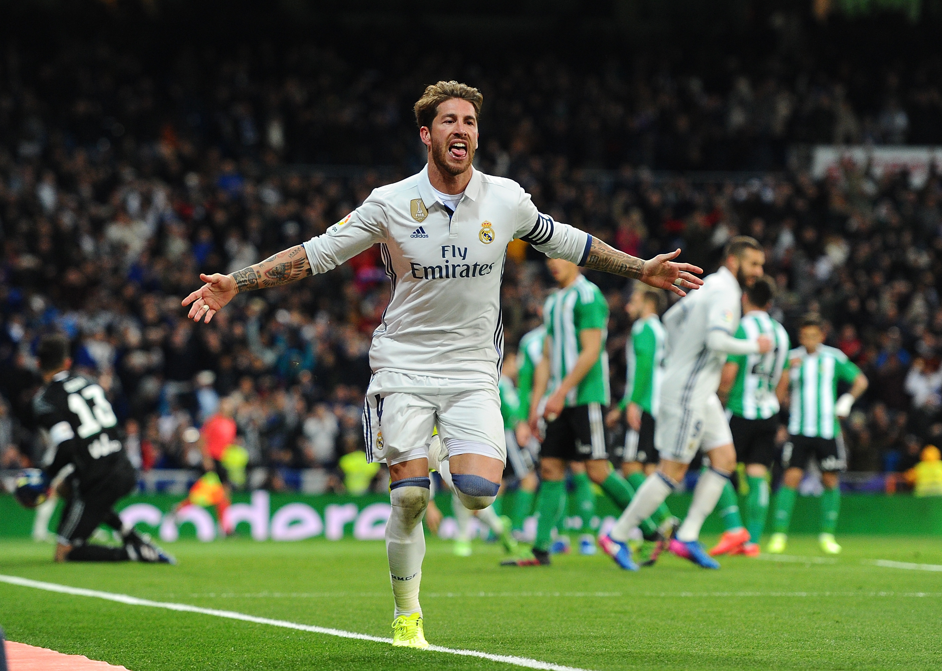 MADRID, SPAIN - MARCH 12:  Sergio Ramos of Real Madrid celebrates after scoring Real's 2nd goal during the La Liga match between Real Madrid CF and Real Betis Balompie at Estadio Santiago Bernabeu on March 12, 2017 in Madrid, Spain.  (Photo by Denis Doyle/Getty Images)