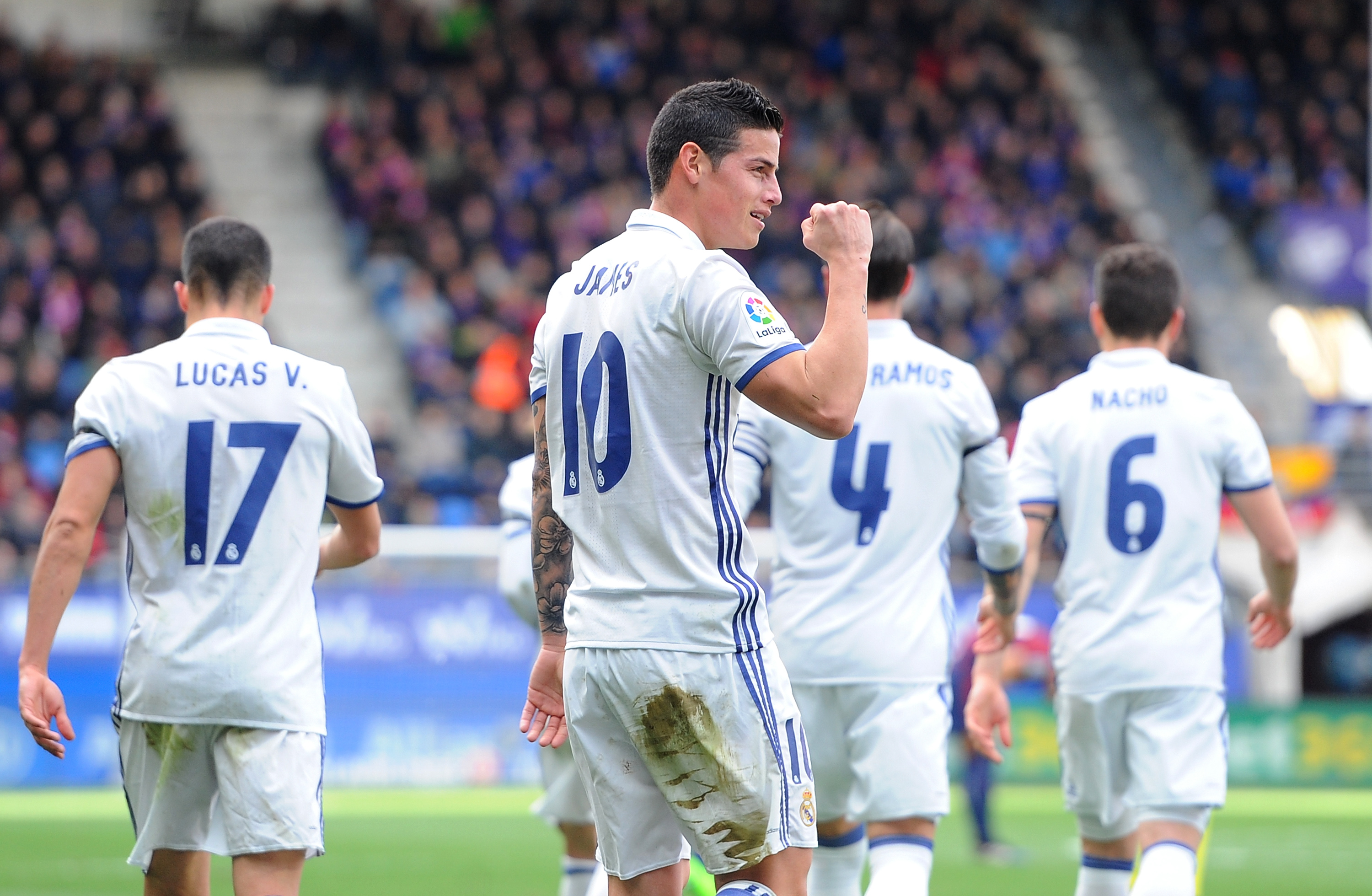 EIBAR, SPAIN - MARCH 04:  James Rodriguez of Real Madrid celebrates after scoring Real's 3rd goal during the La Liga match between SD Eibar and Real Madrid CF at Estadio Municipal de Ipurua on March 4, 2017 in Eibar, Spain.  (Photo by Denis Doyle/Getty Images)