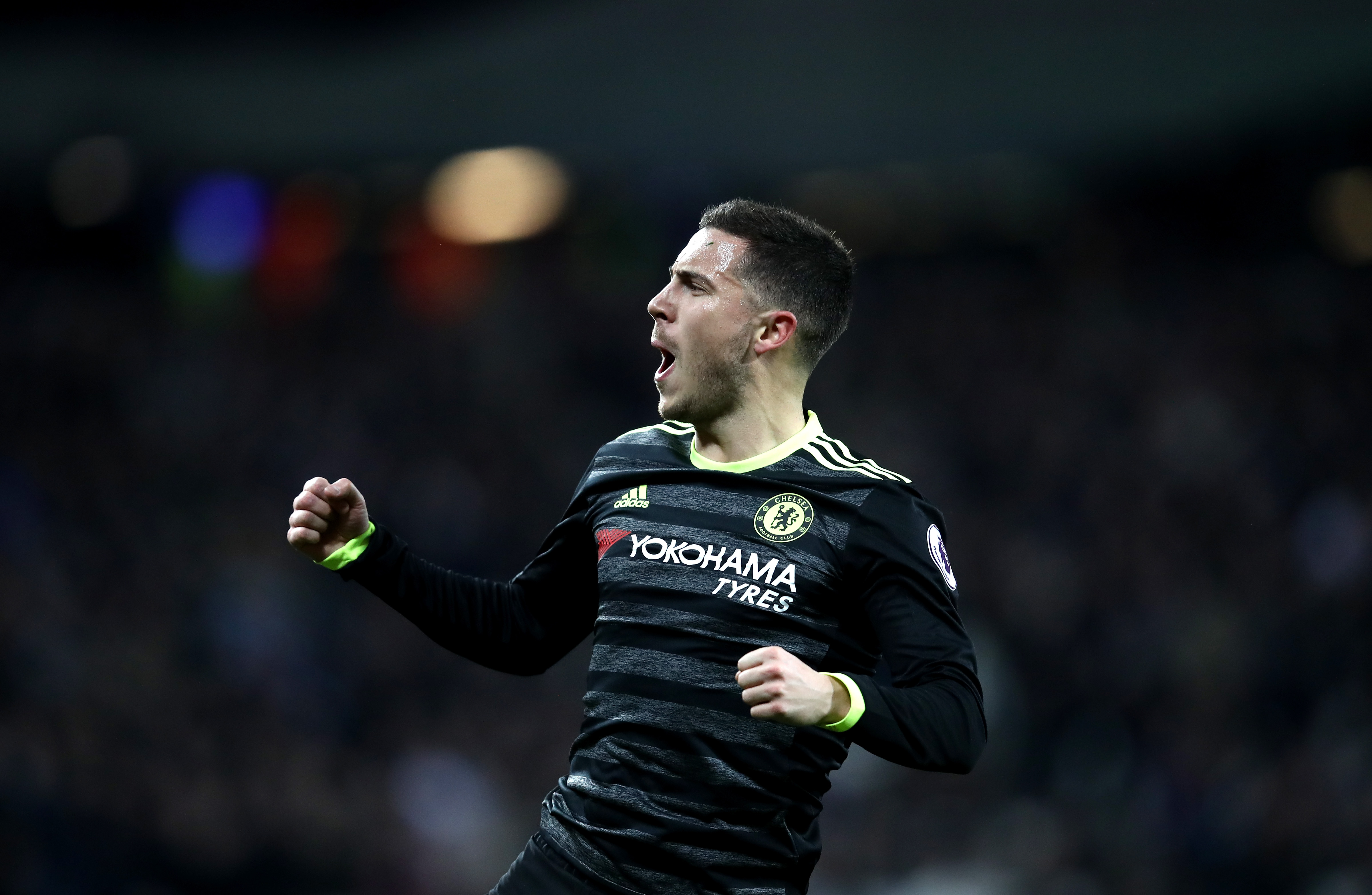 STRATFORD, ENGLAND - MARCH 06:  Eden Hazard of Chelsea celebrates after he scores his side first goal during the Premier League match between West Ham United and Chelsea at London Stadium on March 6, 2017 in Stratford, England.  (Photo by Julian Finney/Getty Images)