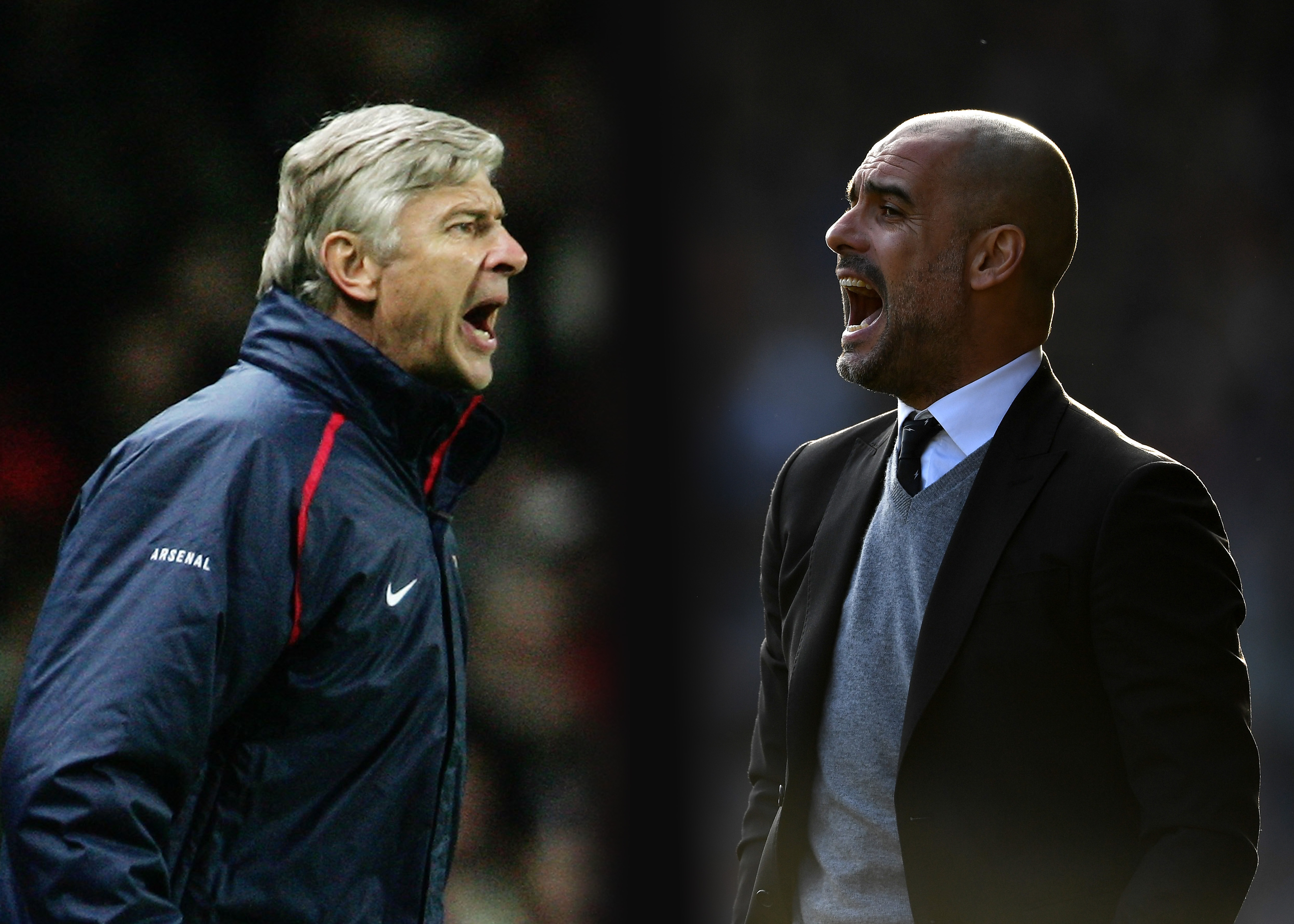 FILE PHOTO (EDITORS NOTE: GRADIENT ADDED - COMPOSITE OF TWO IMAGES - Image numbers (L) 72336772 and 642590956) In this composite image a comparision has been made between Arsene Wenger, Manager of Arsenal and Josep Guardiola, Manager of Manchester City. Arsenal and  Manchester City meet in a Premier League match on April 2, 2017 at the Emirates Stadium in London. ***LEFT IMAGE*** LONDON - NOVEMBER 01: Arsene Wenger the Arsenal Manager shouts instructions from the touchline during the UEFA Champions League Group G match between Arsenal and CSKA Moscow at The Emirates Stadium on November 1, 2006 in London, England. (Photo by Phil Cole/Getty Images) ***RIGHT IMAGE*** HUDDERSFIELD, ENGLAND - FEBRUARY 18: Josep Guardiola, Manager of Manchester City gives his team instructions during The Emirates FA Cup Fifth Round match between Huddersfield Town and Manchester City at John Smith's Stadium on February 18, 2017 in Huddersfield, England. (Photo by Gareth Copley/Getty Images)