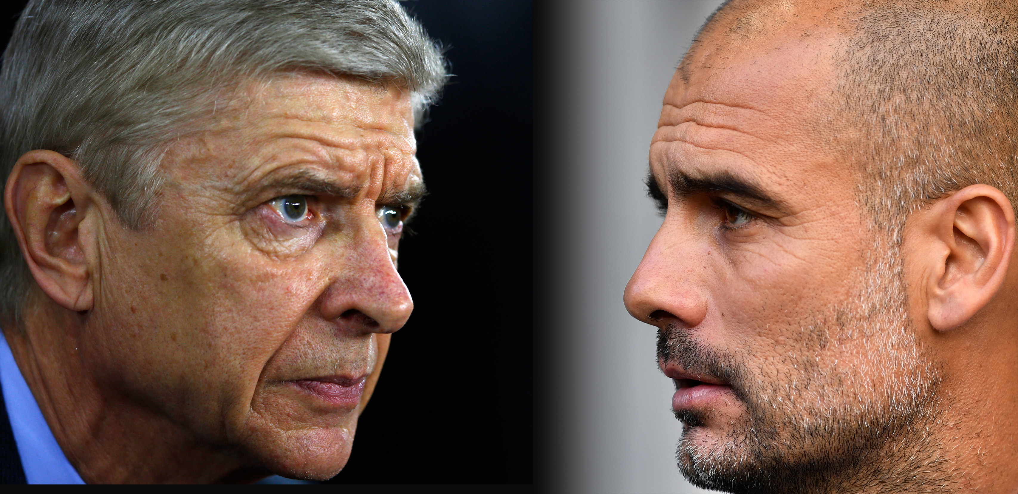FILE PHOTO (EDITORS NOTE: GRADIENT ADDED - COMPOSITE OF TWO IMAGES - Image numbers (L) 502540908 and 612040098) In this composite image a comparision has been made between Arsene Wenger, Manager of Arsenal and Josep Guardiola, Manager of Manchester City. Arsenal and  Manchester City meet in a Premier League match on April 2, 2017 at the Emirates Stadium in London. ***LEFT IMAGE*** SOUTHAMPTON, ENGLAND - DECEMBER 26: Arsene Wenger manager of Arsenal during the Barclays Premier League match between Southampton and Arsenal at St Mary's Stadium on December 26, 2015 in Southampton, England. (Photo by Christopher Lee/Getty Images) ***RIGHT IMAGE*** LONDON, ENGLAND - OCTOBER 02: Josep Guardiola, Manager of Manchester City looks on during the Premier League match between Tottenham Hotspur and Manchester City at White Hart Lane on October 2, 2016 in London, England. (Photo by Dan Mullan/Getty Images)