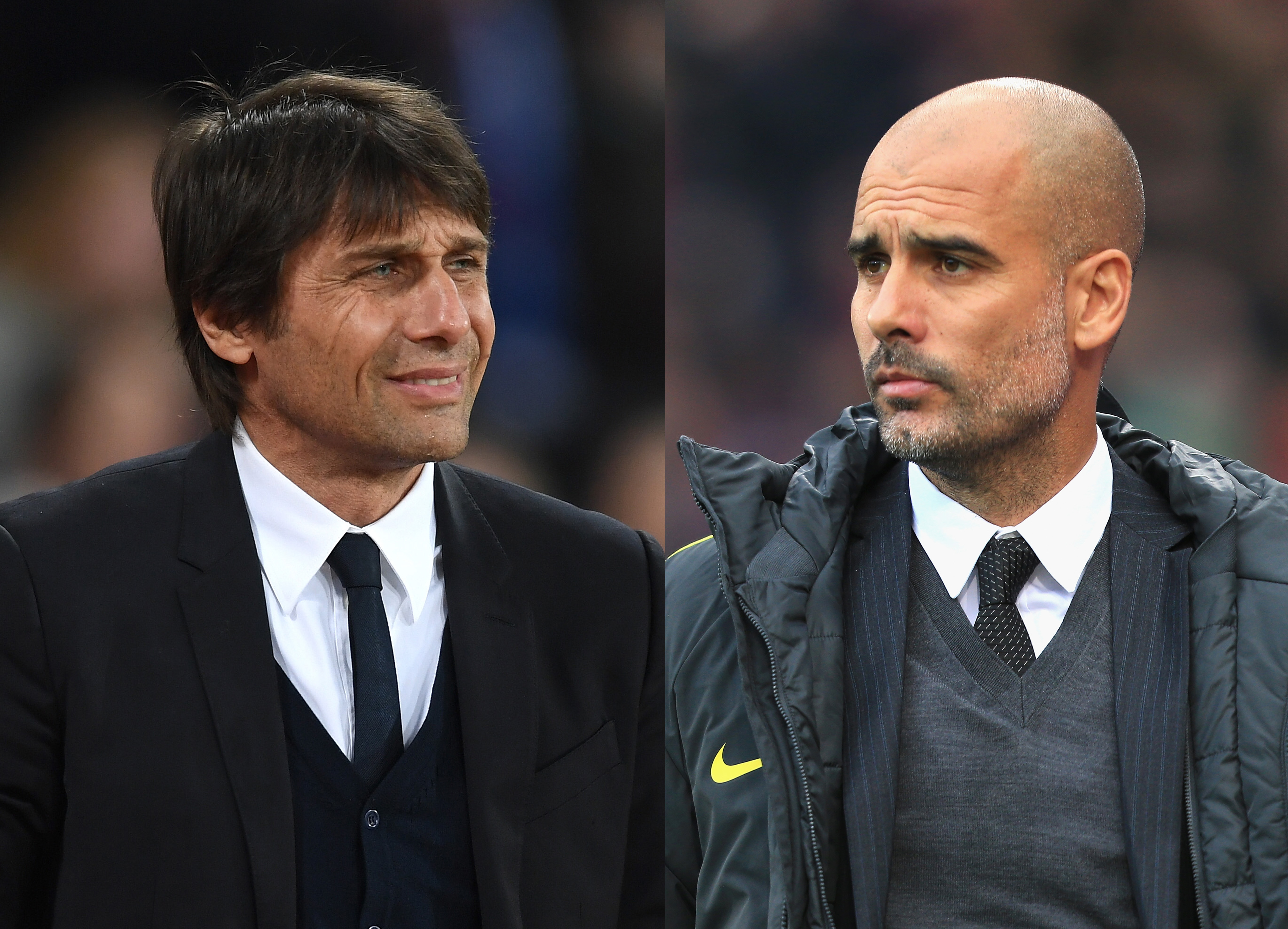 FILE PHOTO (EDITORS NOTE: COMPOSITE OF TWO IMAGES - Image numbers (L) 648790494 and 624347152) In this composite image a comparision has been made between Antonio Conte, Manager of Chelsea (L) and  Josep Guardiola, Manager of Manchester City. Chelsea and Manchester City meet ina Premier League fixture at Stamford Bridge on April 5, 2017 in London,England.  ***LEFT IMAGE*** STRATFORD, ENGLAND - MARCH 06: Antonio Conte, Manager of Chelsea looks on during the Premier League match between West Ham United and Chelsea at London Stadium on March 6, 2017 in Stratford, England. (Photo by Michael Regan/Getty Images) ***RIGHT IMAGE***  LONDON, ENGLAND - NOVEMBER 19: Josep Guardiola, Manager of Manchester City looks on during the Premier League match between Crystal Palace and Manchester City at Selhurst Park on November 19, 2016 in London, England. (Photo by Stephen Pond/Getty Images)