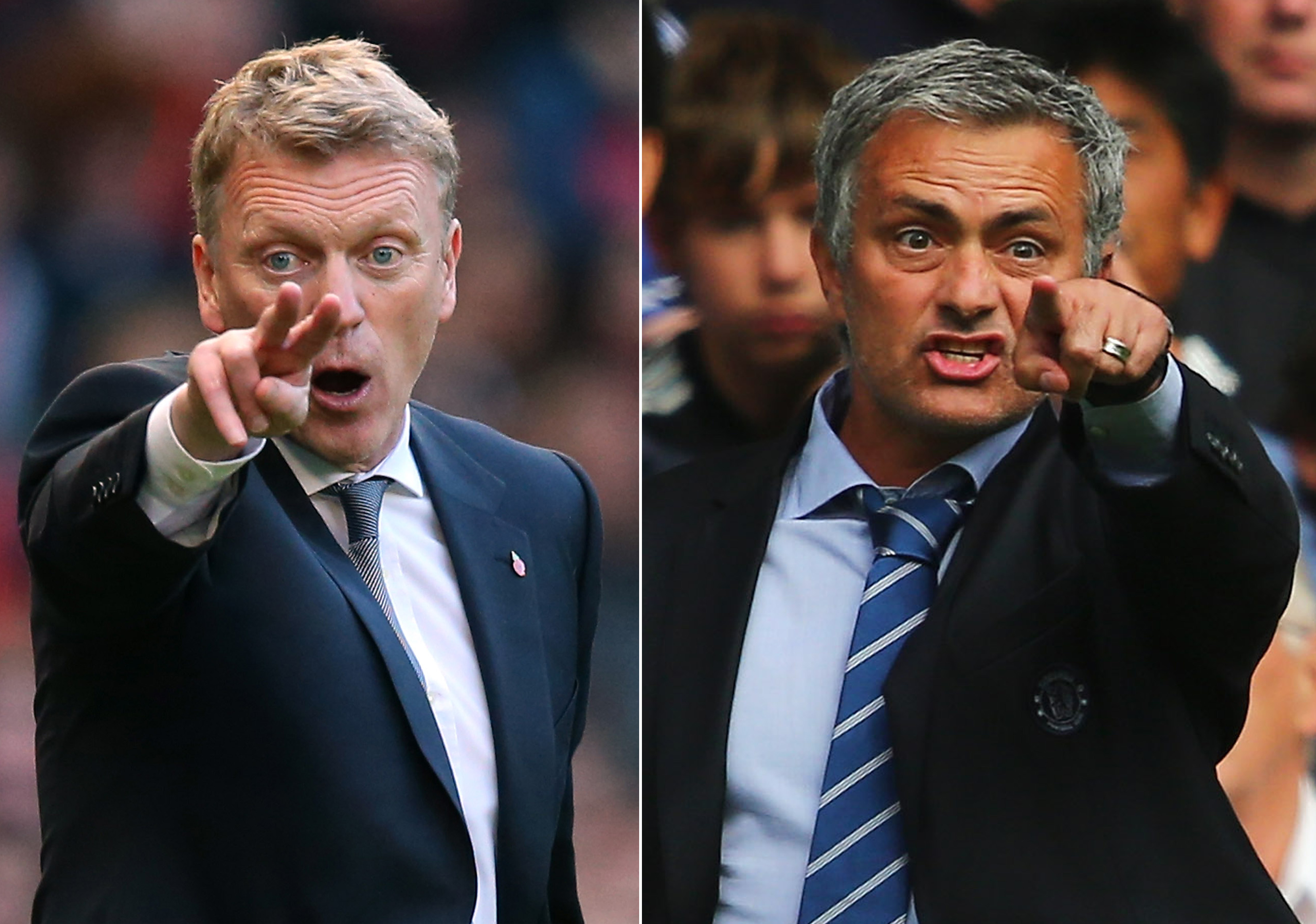 FILE PHOTO - EDITORS NOTE: COMPOSITE OF TWO IMAGES - Image Numbers 185933325 (L) and 176736916) In this composite image a comparison has been made between David Moyes, Manager of Manchester United (L) and Jose Mourinho, Manager of Chelsea. Chelsea and Manchester United meet at Stamford Bridge, London on January 19, 2014. ***LEFT IMAGE*** MANCHESTER, ENGLAND - OCTOBER 26: David Moyes the manager of Manchester United reacts during the Barclays Premier League match between Manchester United and Stoke City at Old Trafford on October 26, 2013 in Manchester, England. (Photo by Alex Livesey/Getty Images) ***RIGHT IMAGE***  LONDON, ENGLAND - AUGUST 18: Chelsea manager Jose Mourinho gives instructions during the Barclays Premier League match between Chelsea and Hull City at Stamford Bridge on August 18, 2013 in London, England. (Photo by Clive Mason/Getty Images)