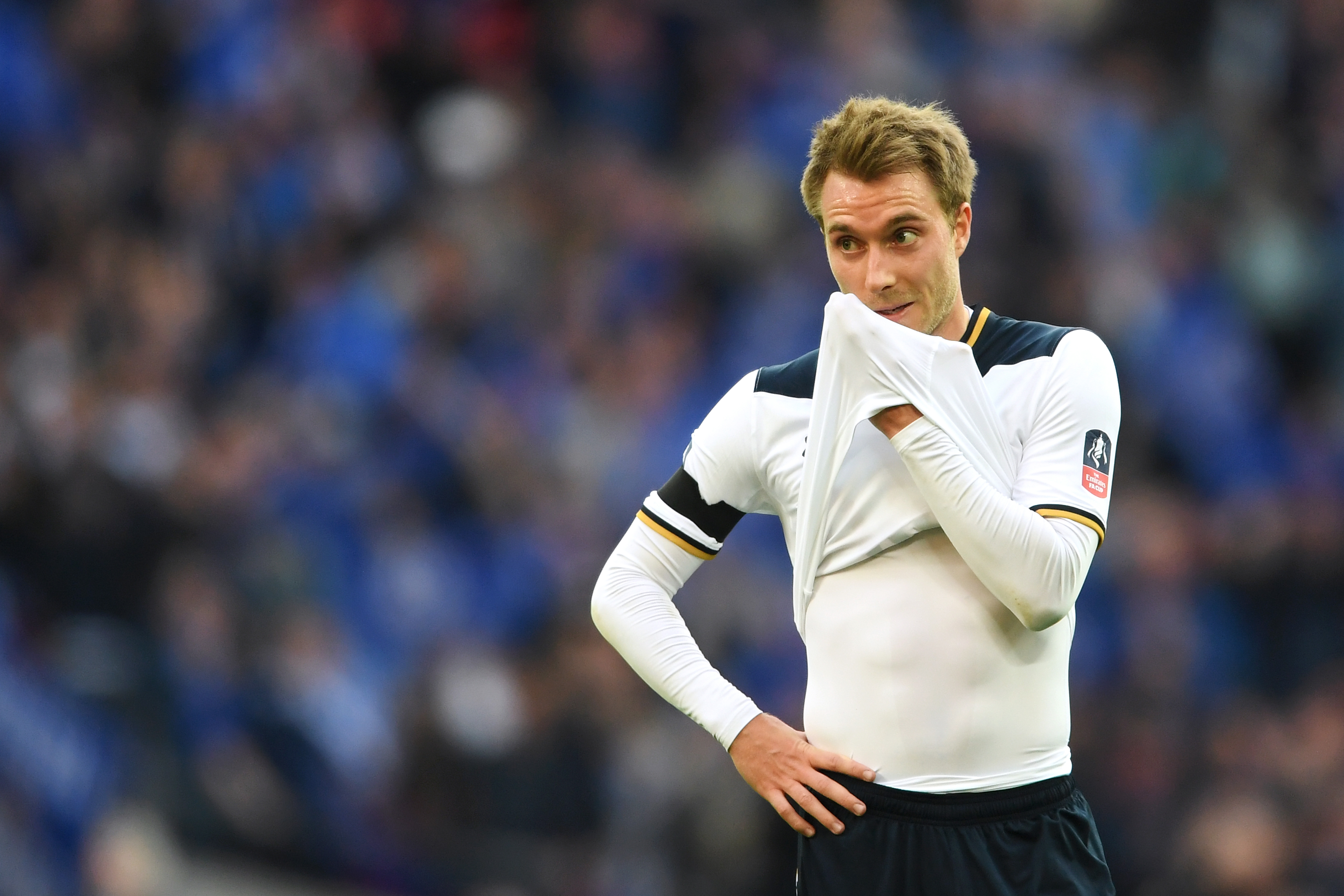 LONDON, ENGLAND - APRIL 22:  Christian Eriksen of Tottenham Hotspur looks dejected during The Emirates FA Cup Semi-Final between Chelsea and Tottenham Hotspur at Wembley Stadium on April 22, 2017 in London, England.  (Photo by Laurence Griffiths/Getty Images)