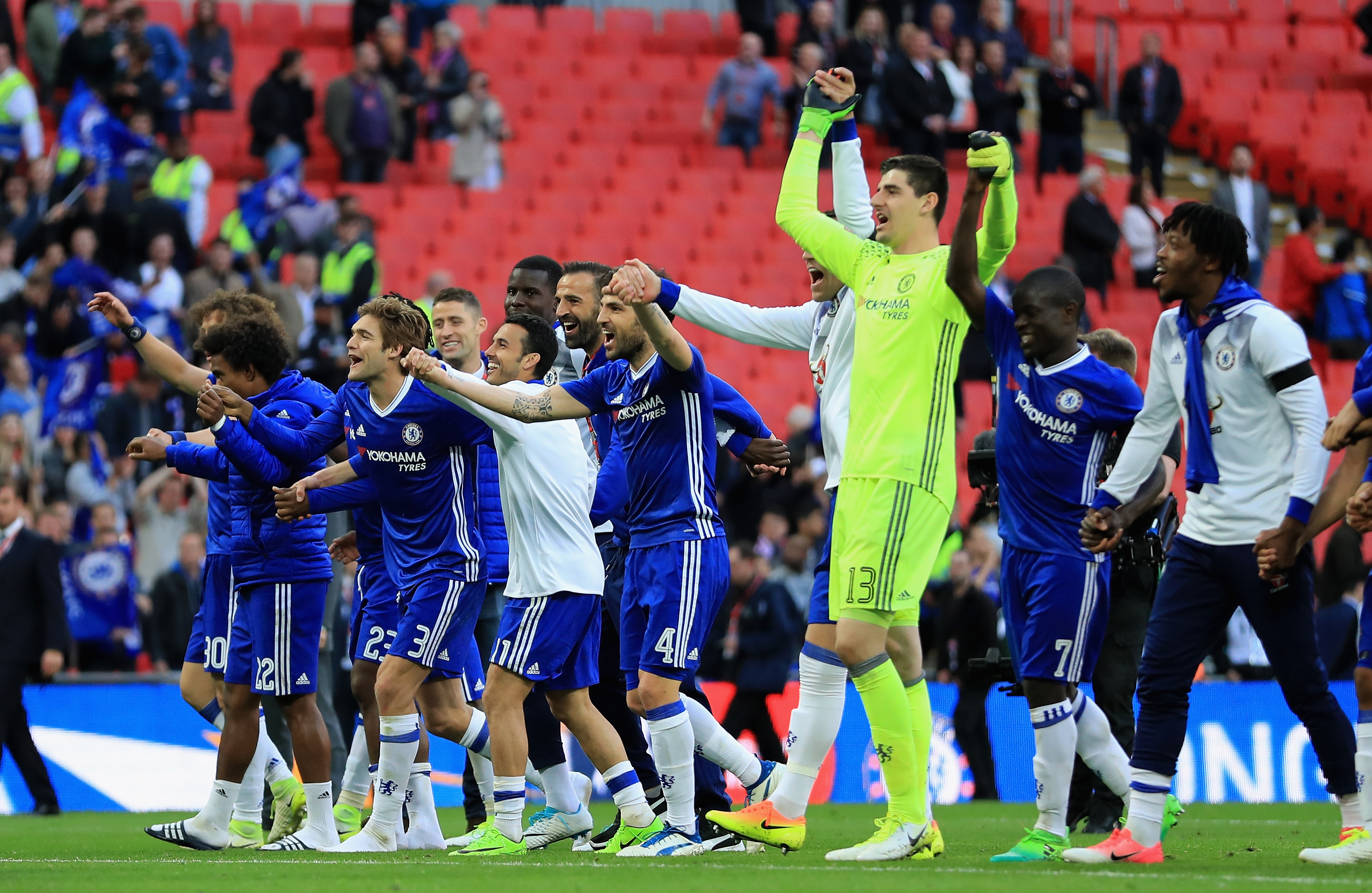 LONDON, ENGLAND - APRIL 22:  Chelsea players celebrate with fans during The Emirates FA Cup Semi-Final between Chelsea and Tottenham Hotspur at Wembley Stadium on April 22, 2017 in London, England.  (Photo by Richard Heathcote/Getty Images)