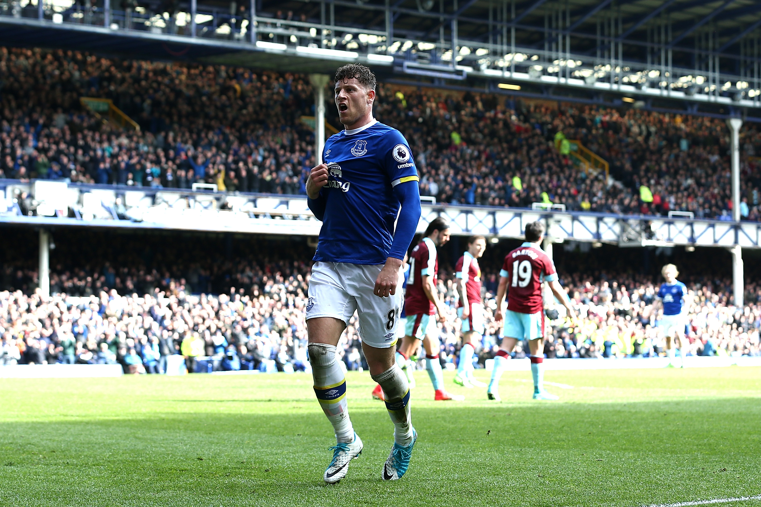 LIVERPOOL, ENGLAND - APRIL 15:  Ross Barkley of Everton celebrates as Ben Mee of Burnley (not pictured) scored a own goal for Everton's second during the Premier League match between Everton and Burnley at Goodison Park on April 15, 2017 in Liverpool, England.  (Photo by Jan Kruger/Getty Images)