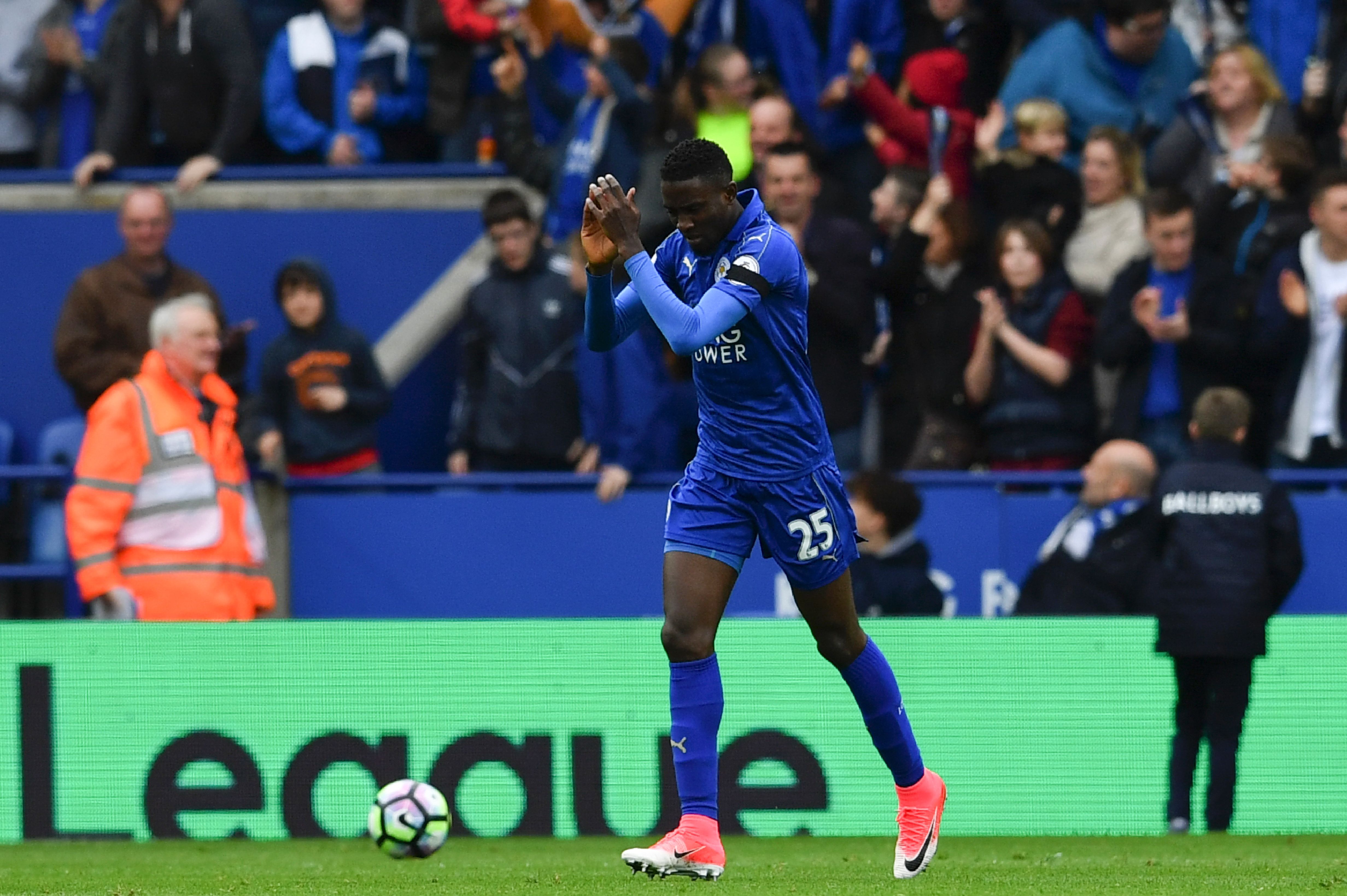Leicester City's Nigerian midfielder Wilfred Ndidi celebrates scoring the opening goal during the English Premier League football match between Leicester City and Stoke City at King Power Stadium in Leicester, central England on April 1, 2017. / AFP PHOTO / Ben STANSALL / RESTRICTED TO EDITORIAL USE. No use with unauthorized audio, video, data, fixture lists, club/league logos or 'live' services. Online in-match use limited to 75 images, no video emulation. No use in betting, games or single club/league/player publications.  /         (Photo credit should read BEN STANSALL/AFP/Getty Images)