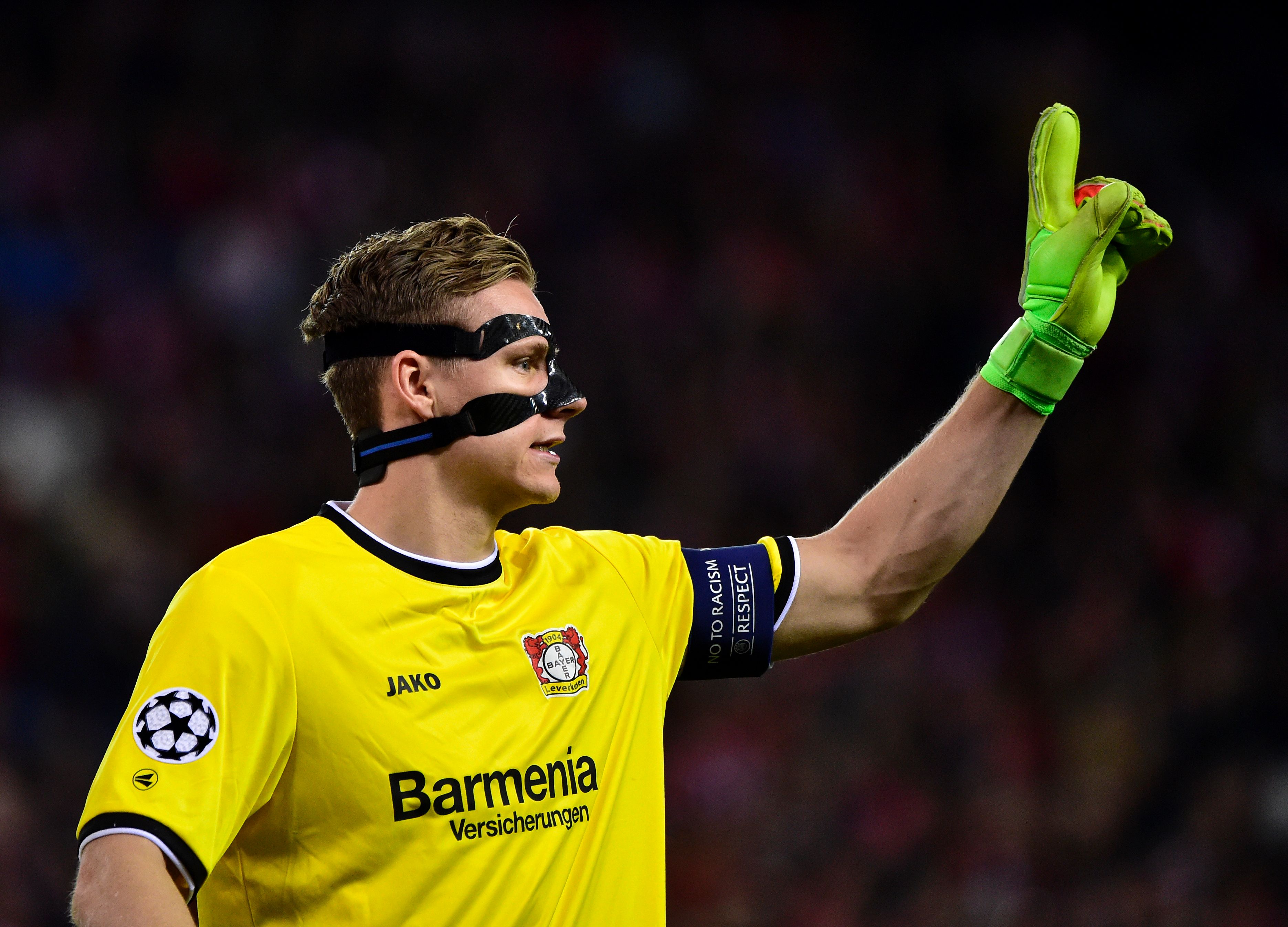 Leverkusen's goalkeeper Bernd Leno gestures during the UEFA Champions League round of 16 second leg football match Club Atletico de Madrid vs Bayer Leverkusen at the Vicente Calderon stadium in Madrid on March 15, 2017. / AFP PHOTO / GERARD JULIEN        (Photo credit should read GERARD JULIEN/AFP/Getty Images)