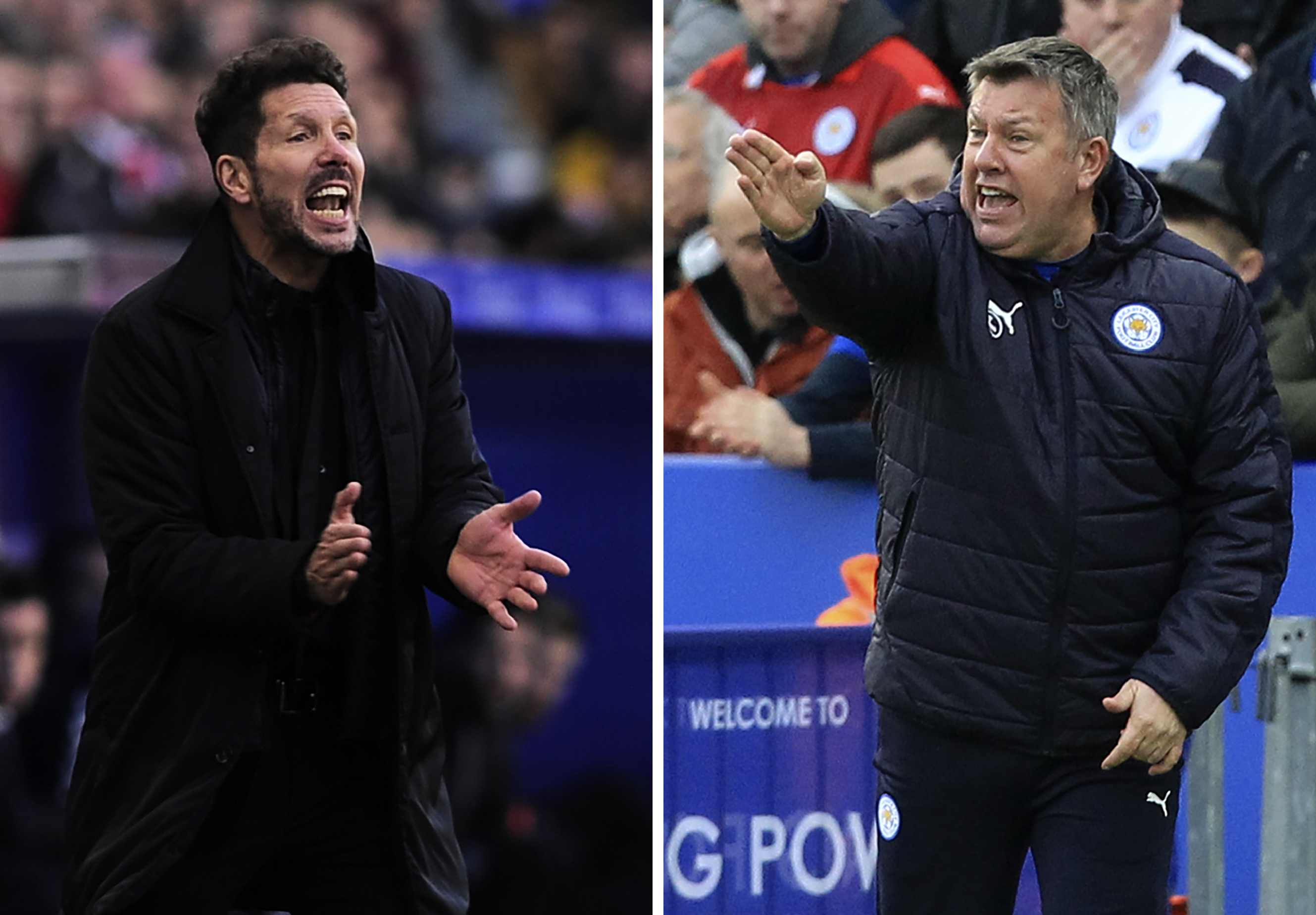 In a combination of pictures created on April 16, 2017 Atletico Madrid's Argentinian coach Diego Simeone (L) shouts instructions to players during the Spanish league football match Club Atletico de Madrid vs Deportivo Alaves at the Mendizorroza stadium in Vitoria on January 28, 2017 and Leicester City's English manager Craig Shakespeare (R) gestures on the touchline during the English Premier League football match between Leicester City and Hull City at King Power Stadium in Leicester, central England on March 4, 2017.
Leicester City take on Atletico Madrid at the King Power Stadium on April 18 in their Champions League quarter-final second leg match.
 / AFP PHOTO / ANDER GILLENEA AND Lindsey PARNABY        (Photo credit should read ANDER GILLENEA,LINDSEY PARNABY/AFP/Getty Images)