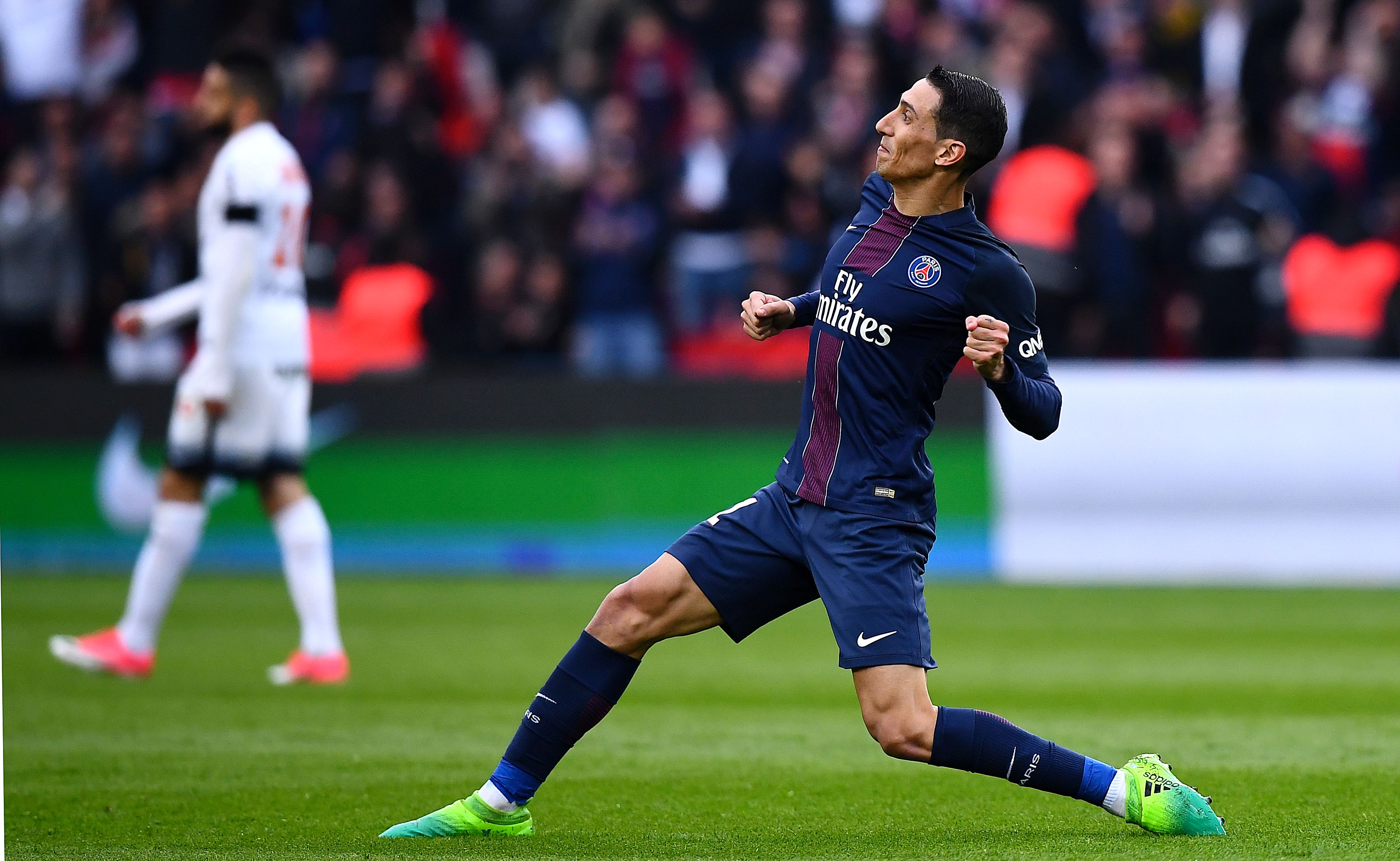 Paris Saint-Germain's Argentinian forward Angel Di Maria celebrates his goal during the French L1 football match between Paris Saint-Germain and Montpellier at the Parc des Princes stadium in Paris on April 22, 2017.   / AFP PHOTO / FRANCK FIFE        (Photo credit should read FRANCK FIFE/AFP/Getty Images)