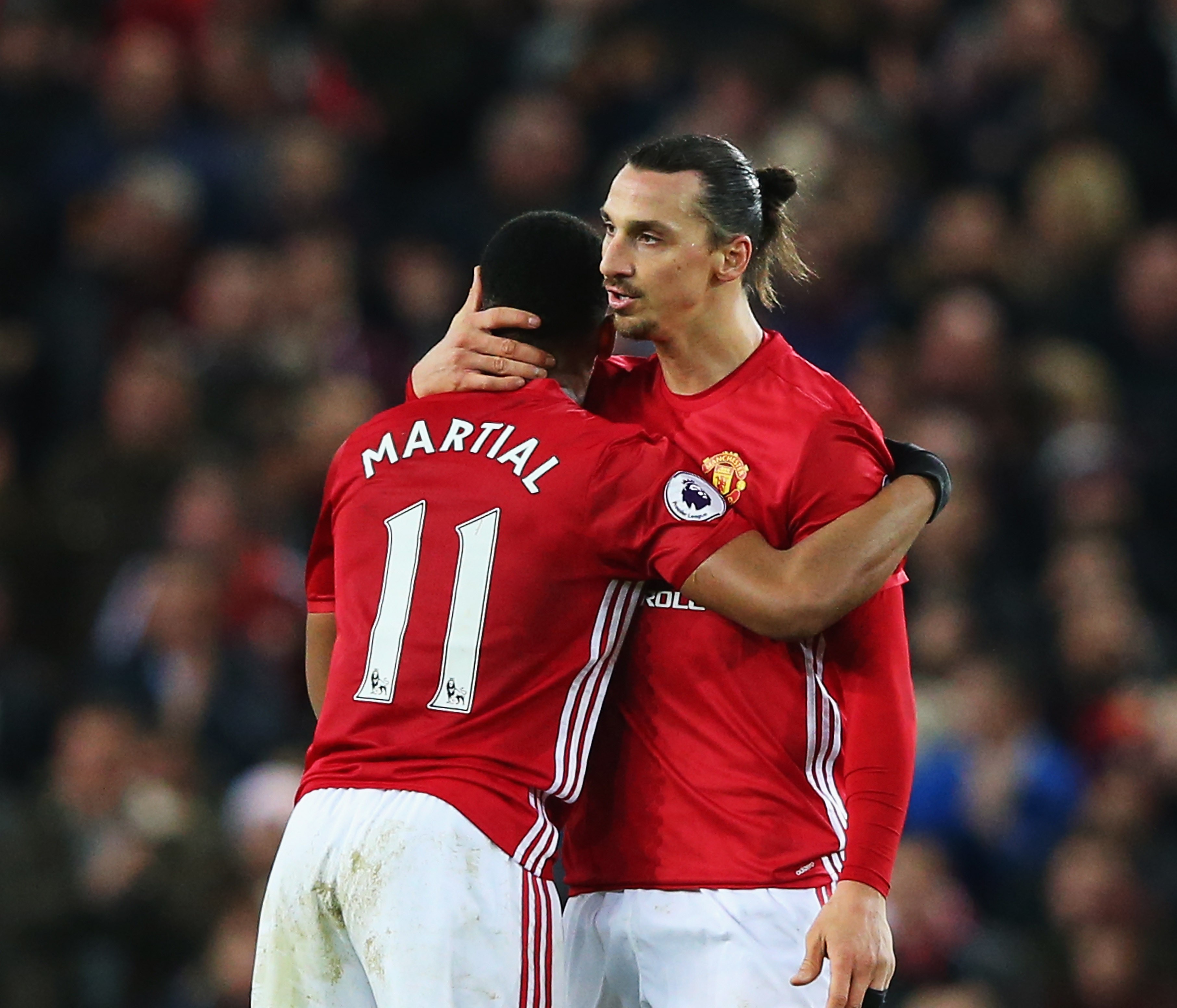 MANCHESTER, ENGLAND - DECEMBER 31:  Anthony Martial of Manchester United celebrates after he scores a goal with team mate Zlatan Ibrahimovic during the Premier League match between Manchester United and Middlesbrough at Old Trafford on December 31, 2016 in Manchester, England.  (Photo by Alex Livesey/Getty Images)