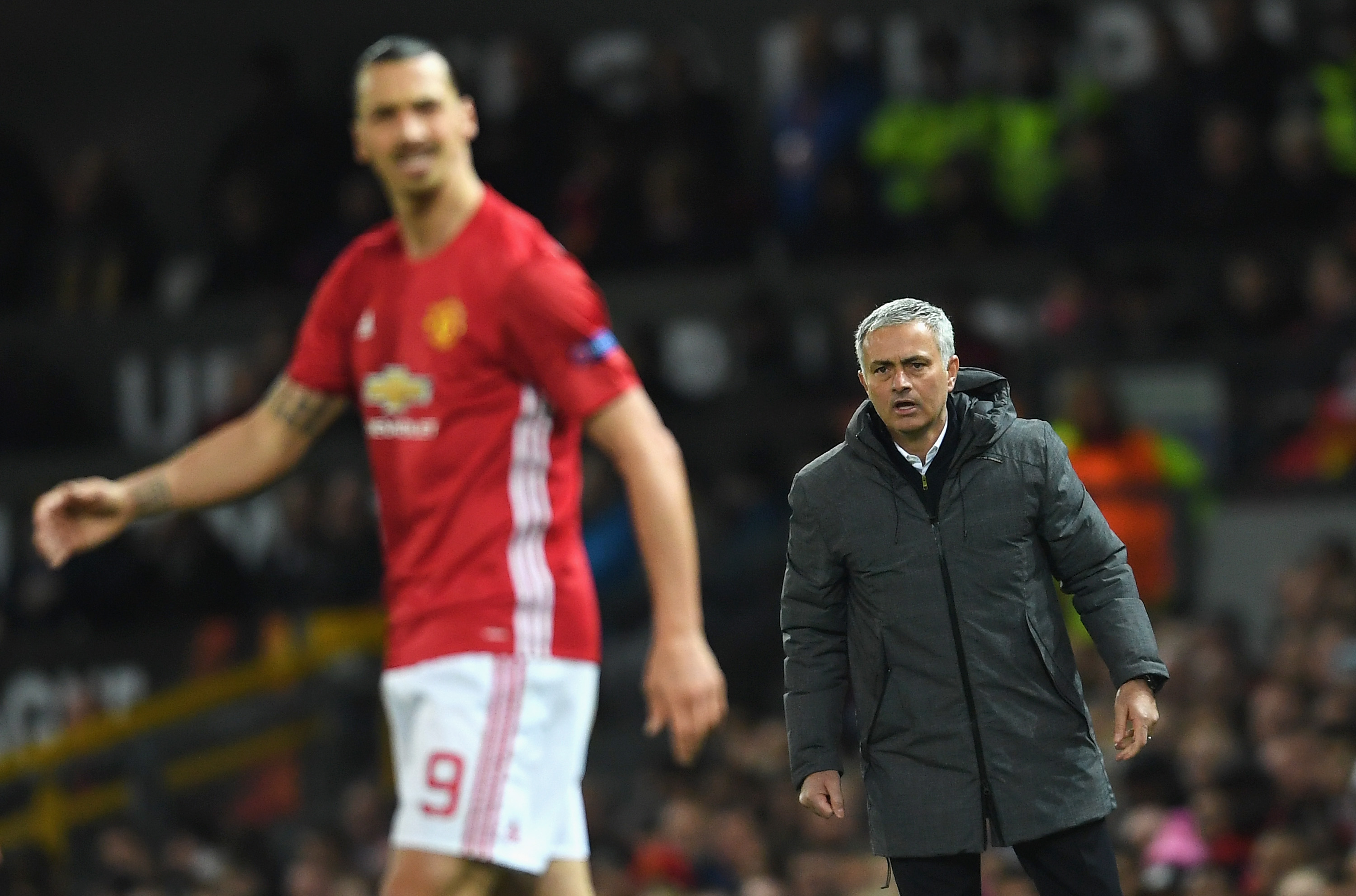 MANCHESTER, ENGLAND - APRIL 20:  Jose Mourinho manager of Manchester United looks towards Zlatan Ibrahimovic of Manchester United during the UEFA Europa League quarter final second leg match between Manchester United and RSC Anderlecht at Old Trafford on April 20, 2017 in Manchester, United Kingdom.  (Photo by Laurence Griffiths/Getty Images)