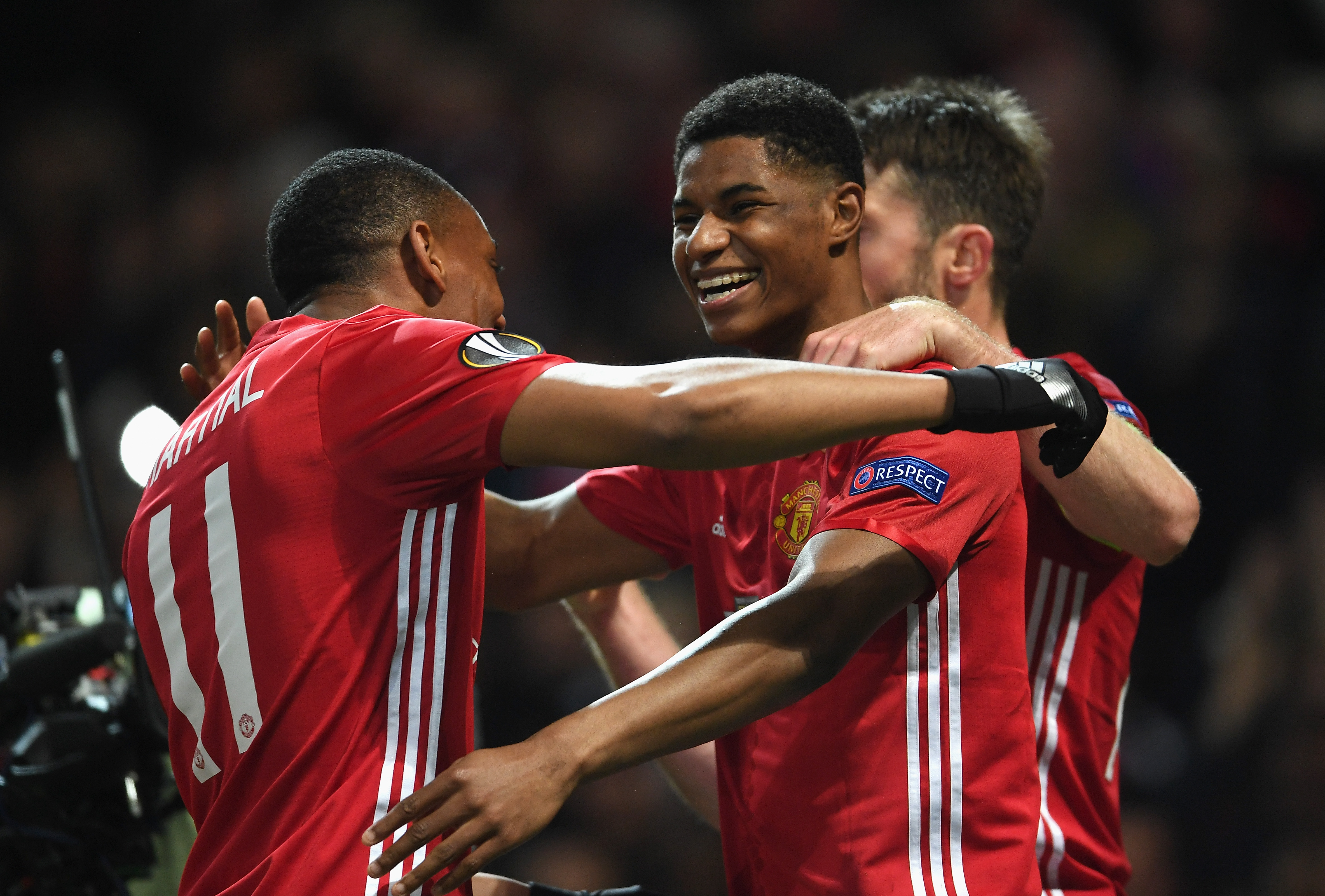 MANCHESTER, ENGLAND - APRIL 20:  Marcus Rashford of Manchester United celebrates with team mates as he scores their second goal during the UEFA Europa League quarter final second leg match between Manchester United and RSC Anderlecht at Old Trafford on April 20, 2017 in Manchester, United Kingdom.  (Photo by Laurence Griffiths/Getty Images)
