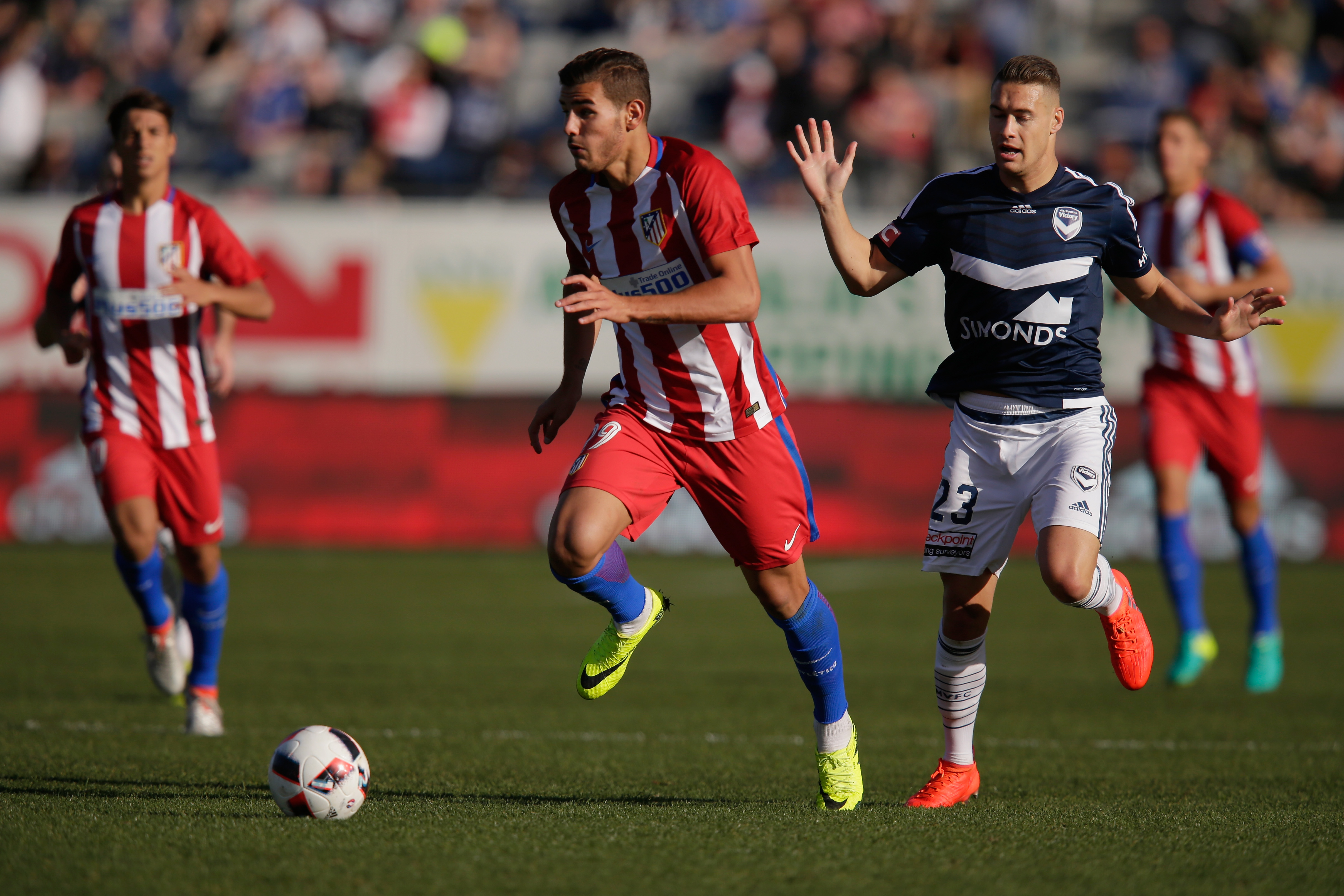 GEELONG, AUSTRALIA - JULY 31:  Theo Hernandez of Atletico Madrid runs with the ball during the match between Melbourne Victory and Atletico de Madrid at Simonds Stadium on July 31, 2016 in Geelong, Australia.  (Photo by Darrian Traynor/Getty Images)