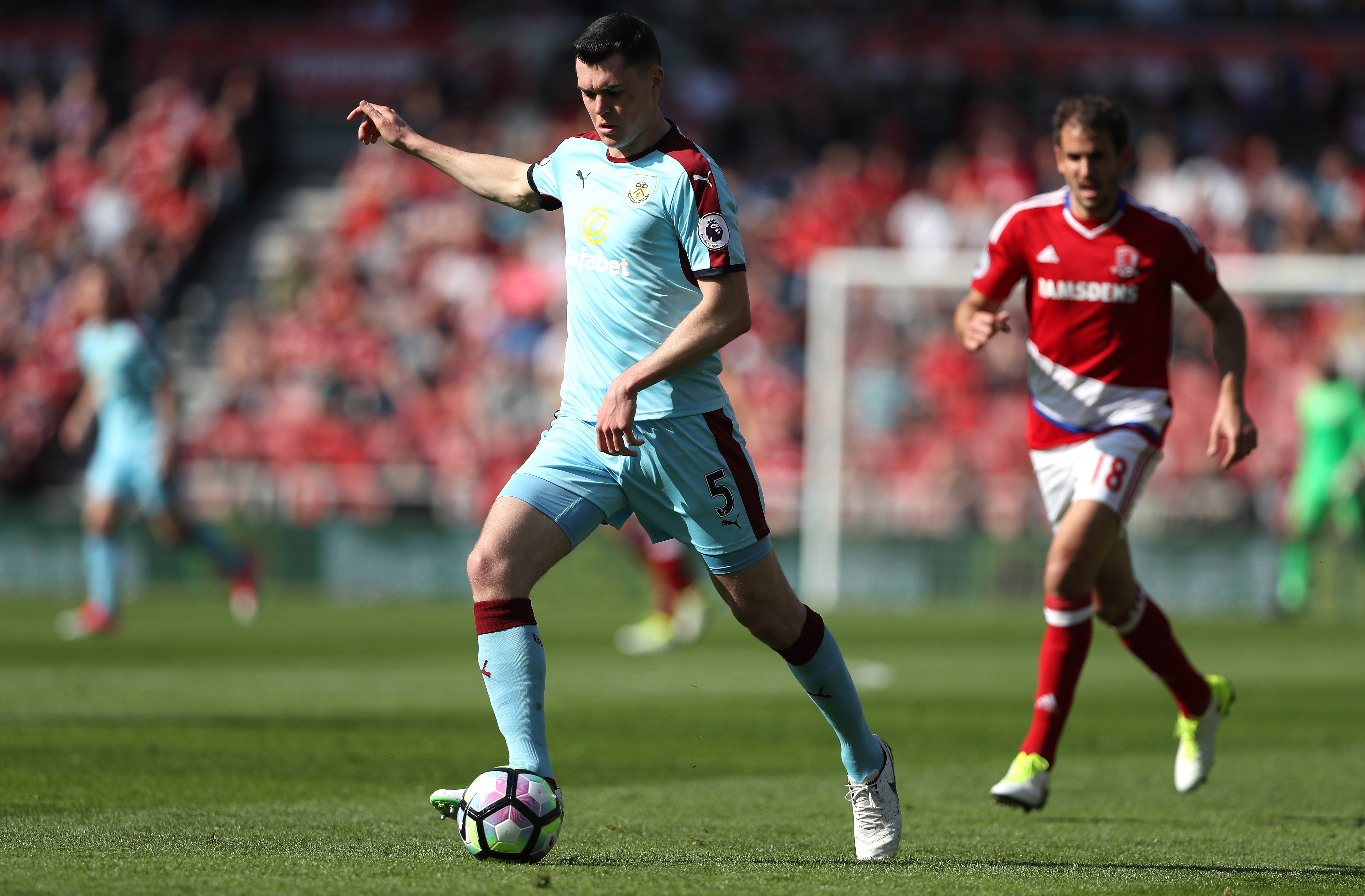 MIDDLESBROUGH, ENGLAND - APRIL 08: Michael Keane of Burnley in action during the Premier League match between Middlesbrough and Burnley at Riverside Stadium on April 8, 2017 in Middlesbrough, England.  (Photo by Ian MacNicol/Getty Images)