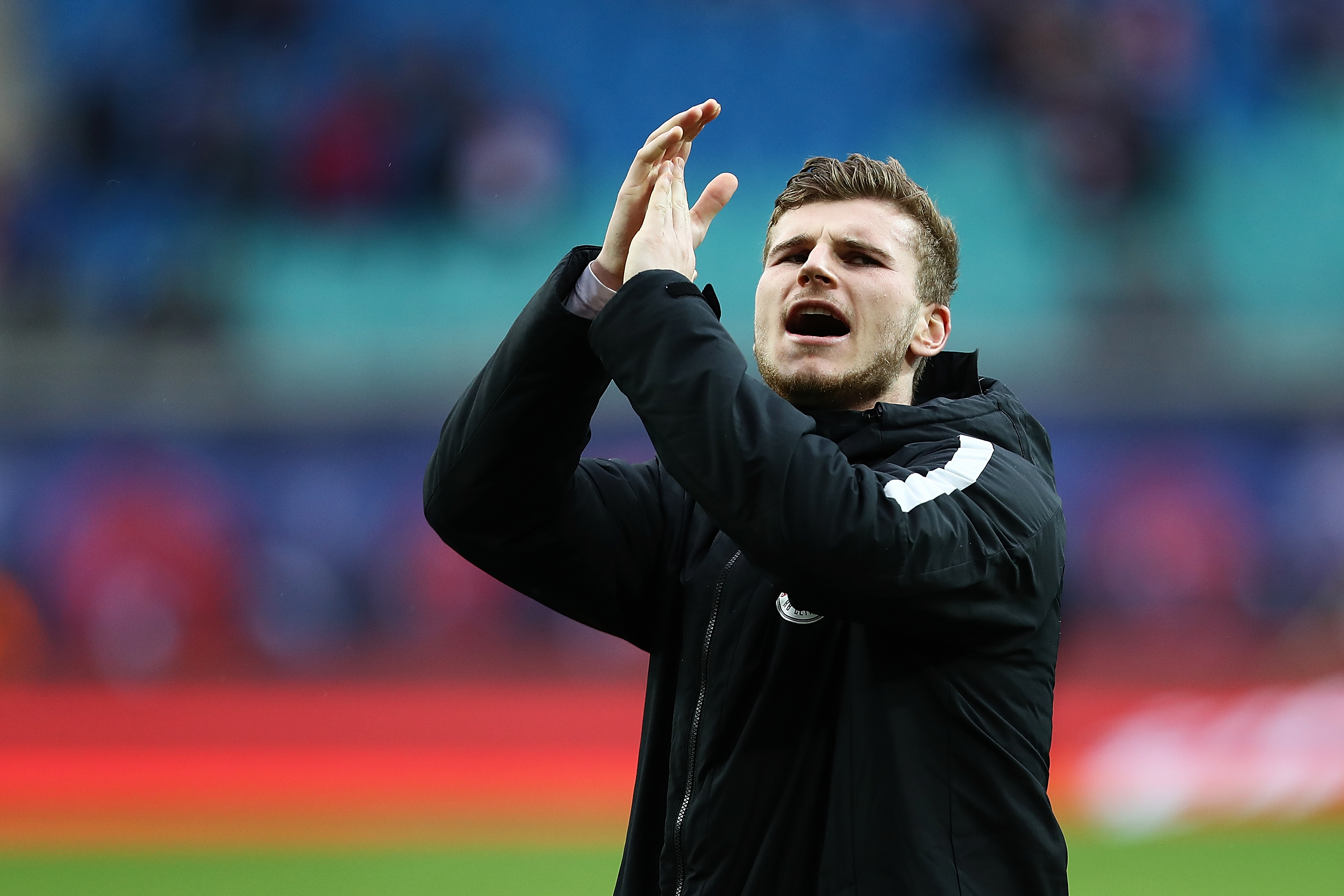 LEIPZIG, GERMANY - APRIL 15:  Timo Werner of Leipzig applauds the fans after the Bundesliga match between RB Leipzig and SC Freiburg at Red Bull Arena on April 15, 2017 in Leipzig, Germany.  (Photo by Oliver Hardt/Bongarts/Getty Images)