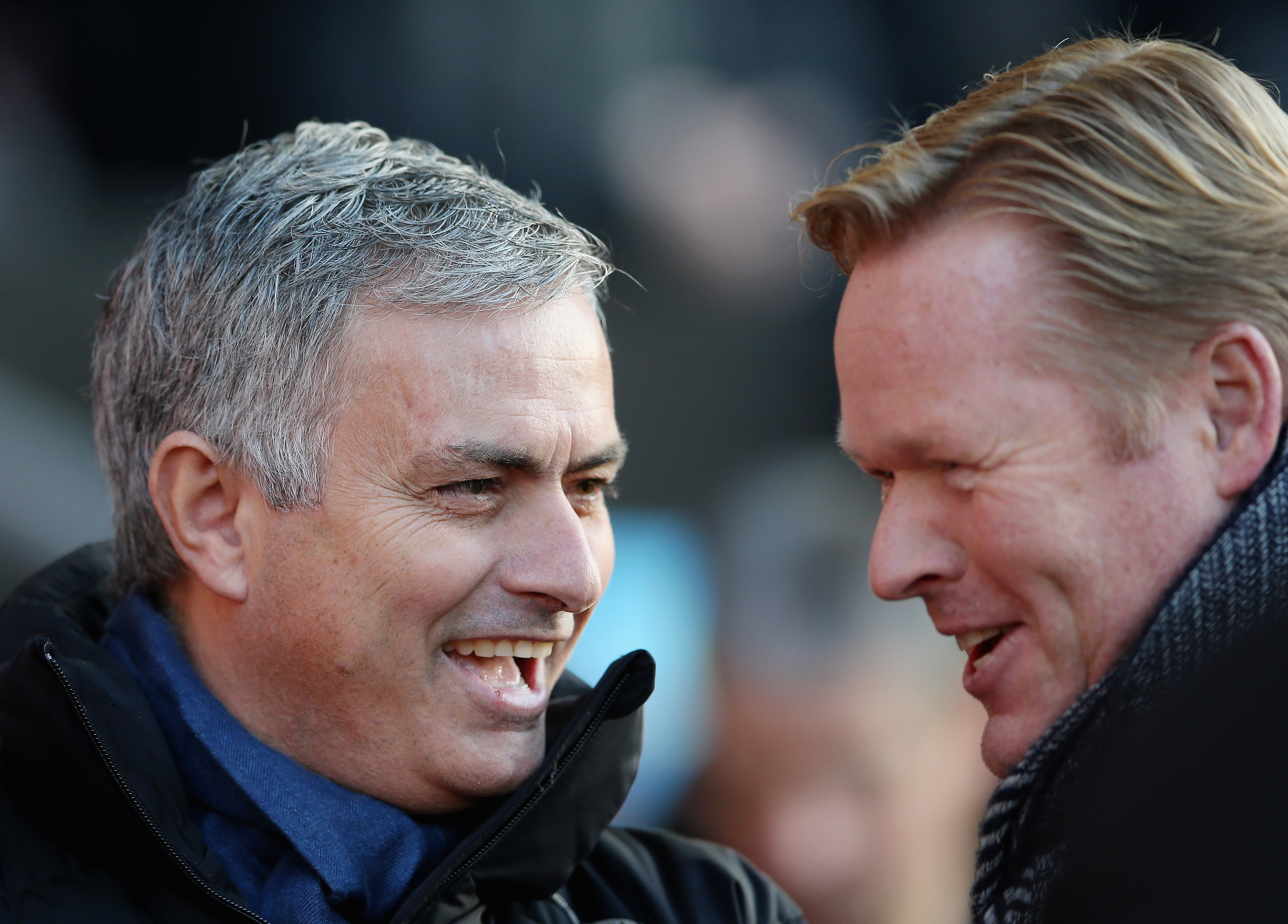 SOUTHAMPTON, ENGLAND - DECEMBER 28:  Chelsea manager Jose Mourinho with Southampton manager Ronald Koeman during the Premier League match between Southampton and Chelsea at St Mary's Stadium on December 28, 2014 in Southampton, England.  (Photo by Scott Heavey/Getty Images)