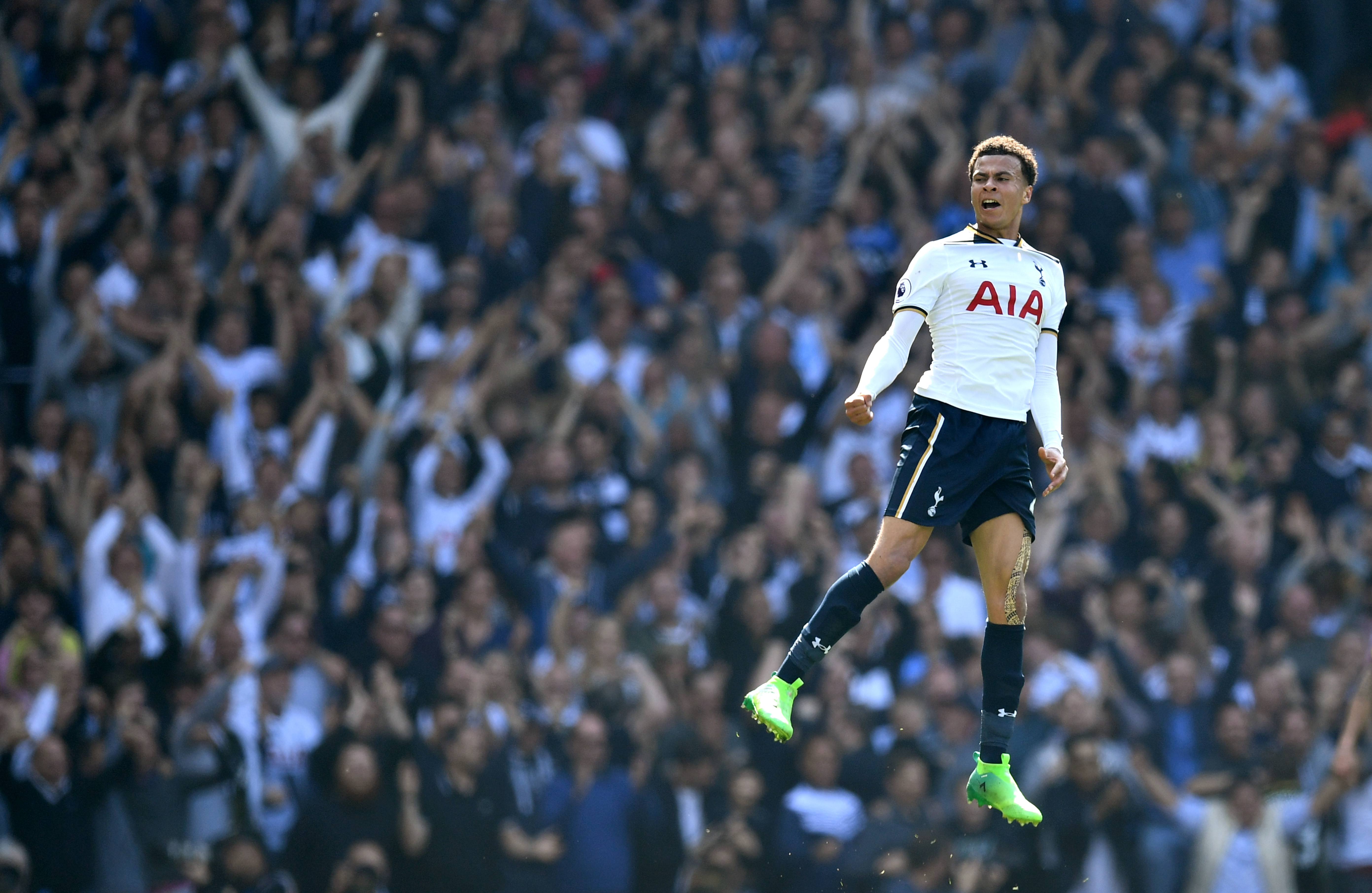 LONDON, ENGLAND - APRIL 08: Dele Alli of Tottenham Hotspur celebrates scoring his sides first goal during the Premier League match between Tottenham Hotspur and Watford at White Hart Lane on April 8, 2017 in London, England.  (Photo by Dan Mullan/Getty Images)