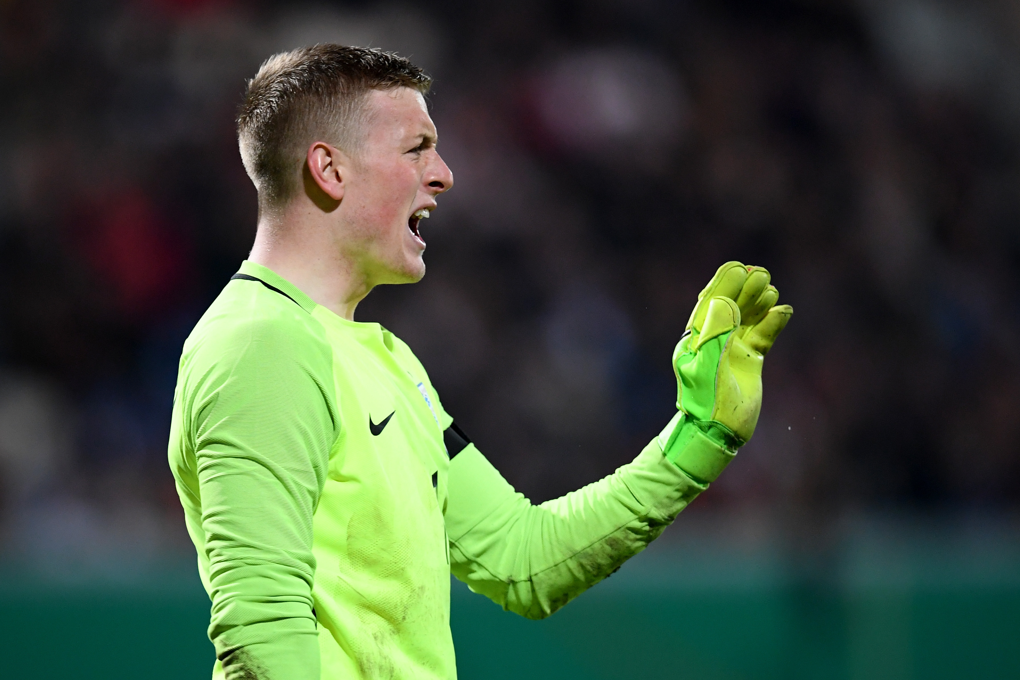 WIESBADEN, GERMANY - MARCH 24:  Jordan Pickford of England reacts during the U21 international friendly match between Germany and England at BRITA-Arena on March 24, 2017 in Wiesbaden, Germany.  (Photo by Matthias Hangst/Bongarts/Getty Images)