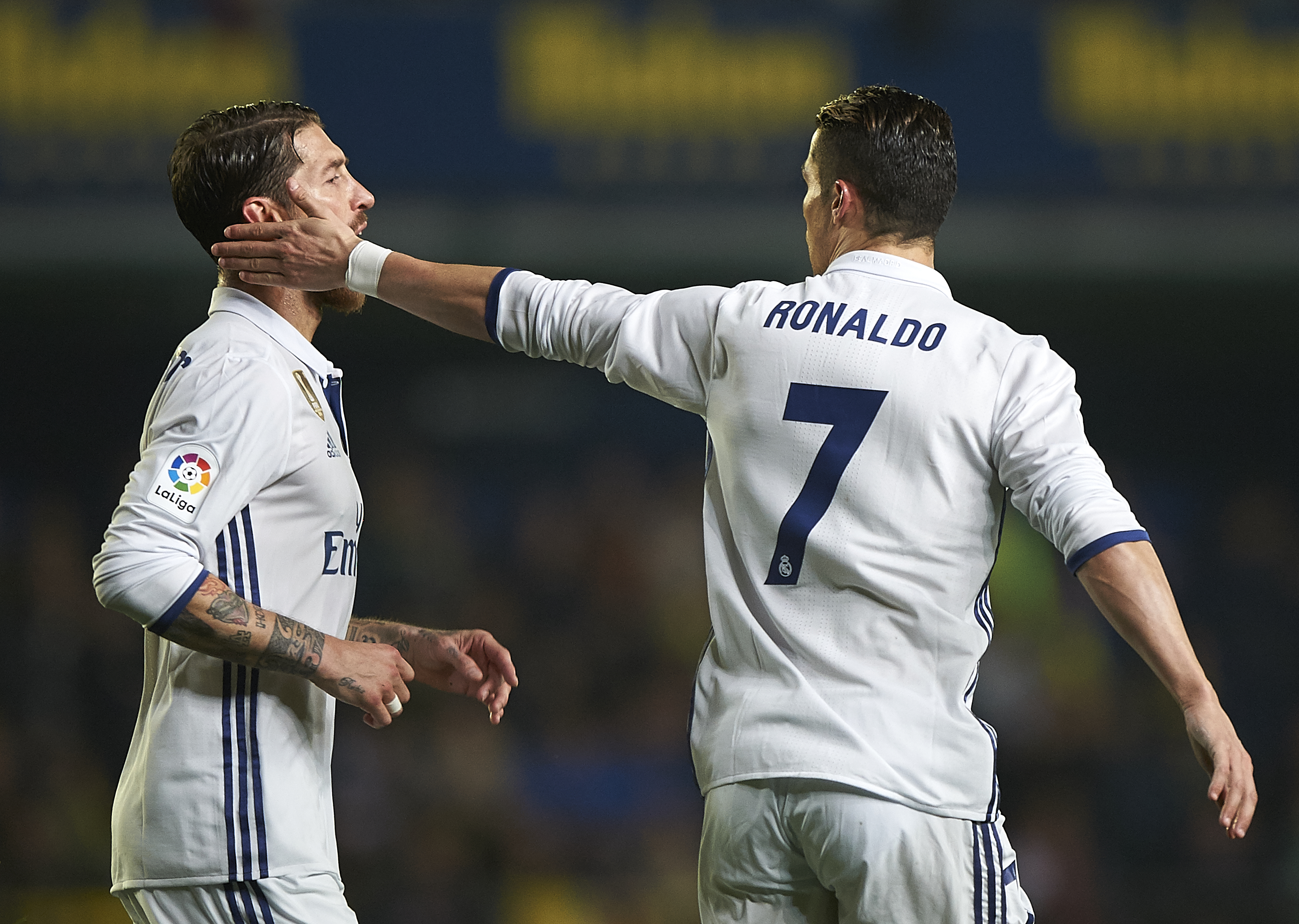 VILLARREAL, SPAIN - FEBRUARY 26:  Cristiano Ronaldo (R) of Real Madrid celebrates with Sergio Ramos of Real Madrid after scoring the second goal  during the La Liga match between Villarreal CF and Real Madrid at Estadio de la Ceramica on February 26, 2017 in Villarreal, Spain.  (Photo by Fotopress/Getty Images)