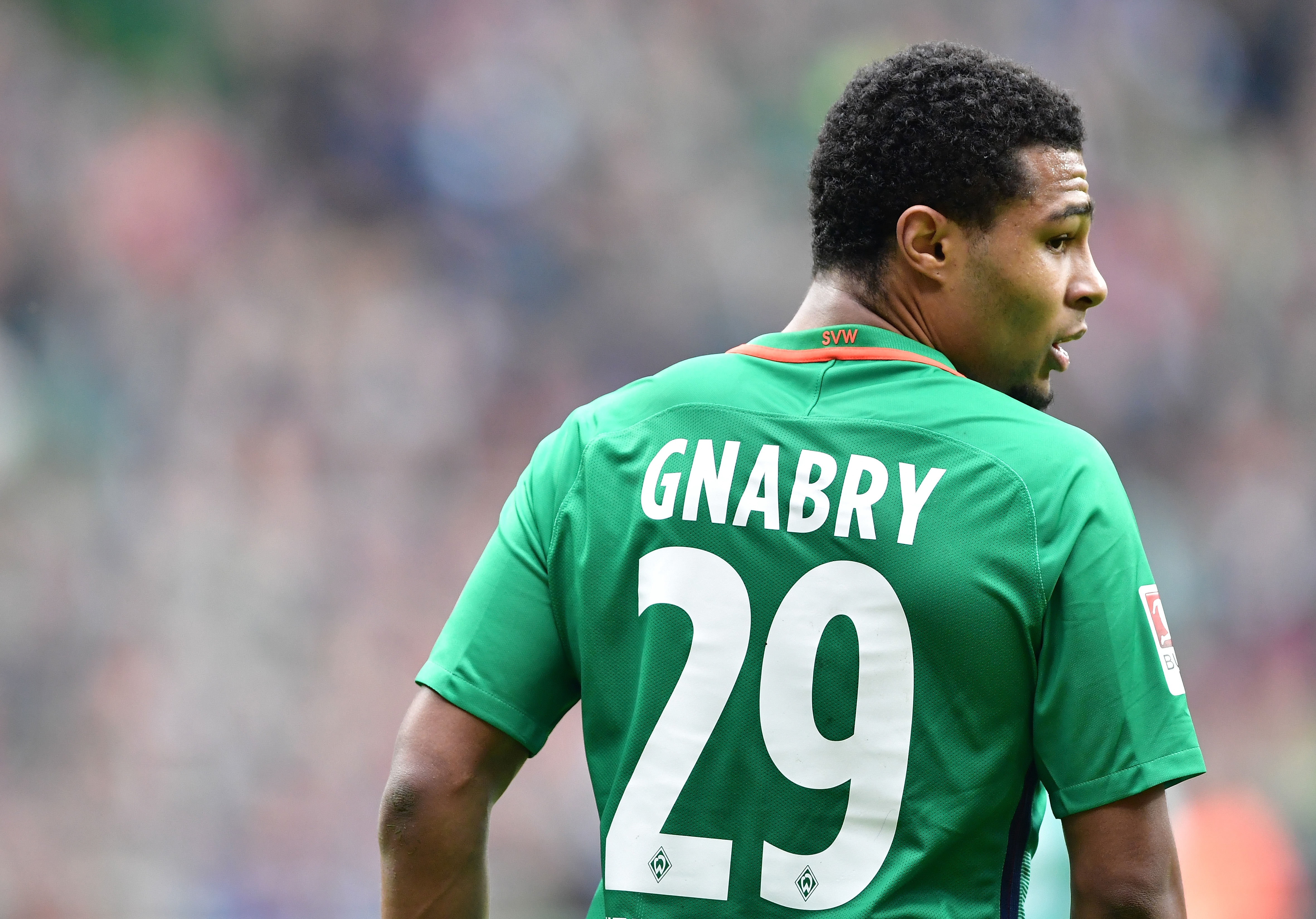 BREMEN, GERMANY - MARCH 04:  Serge Gnabry of Bremen looks on during the Bundesliga match between Werder Bremen and SV Darmstadt 98 at Weserstadion on March 4, 2017 in Bremen, Germany.  (Photo by Stuart Franklin/Bongarts/Getty Images)