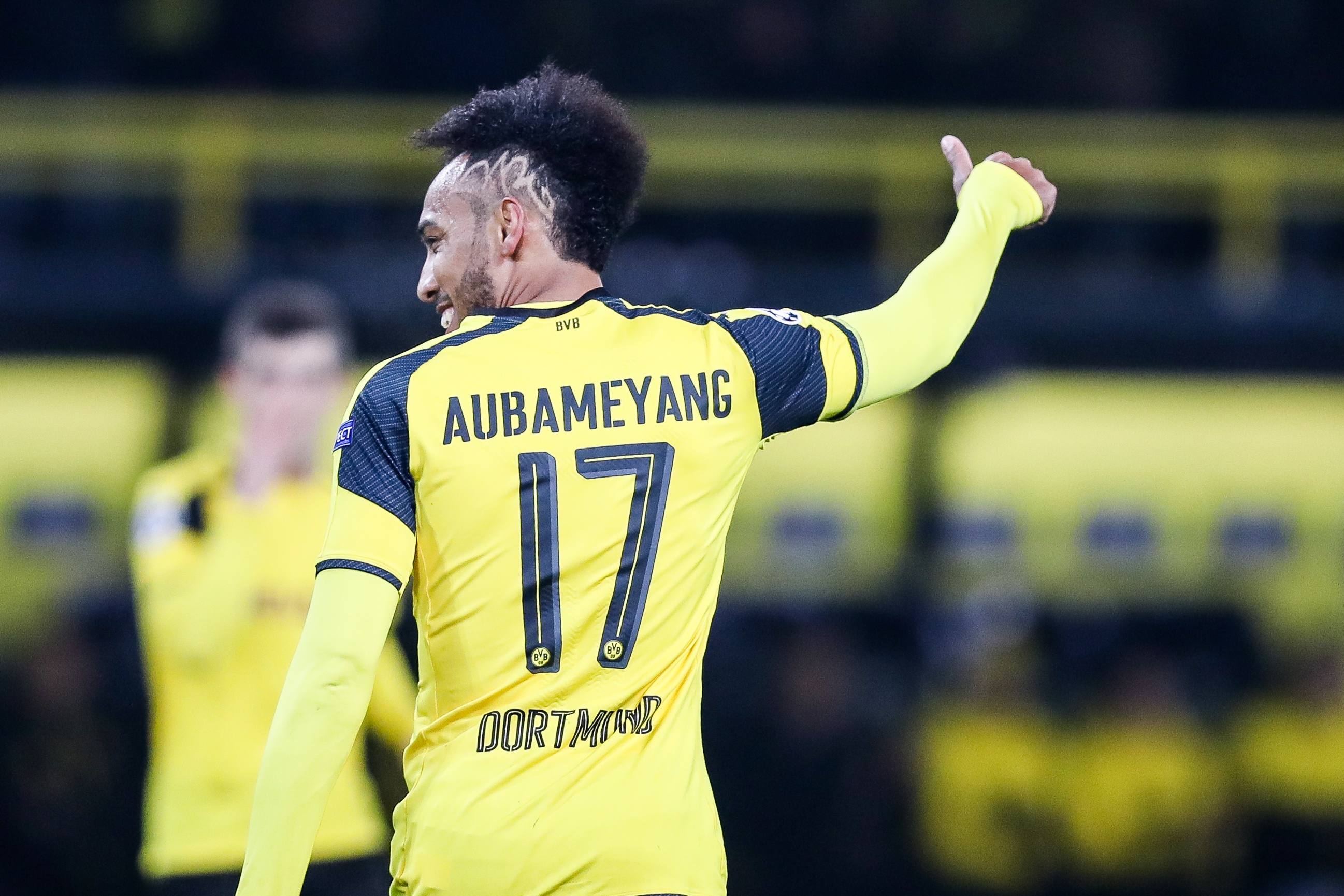 DORTMUND, GERMANY - MARCH 08: Pierre-Emerick Aubameyang of Dortmund reacts during the UEFA Champions League Round of 16 second leg match between Borussia Dortmund and  SL Benfica at Signal Iduna Park on March 8, 2017 in Dortmund, Germany. (Photo by Maja Hitij/Bongarts/Getty Images)
