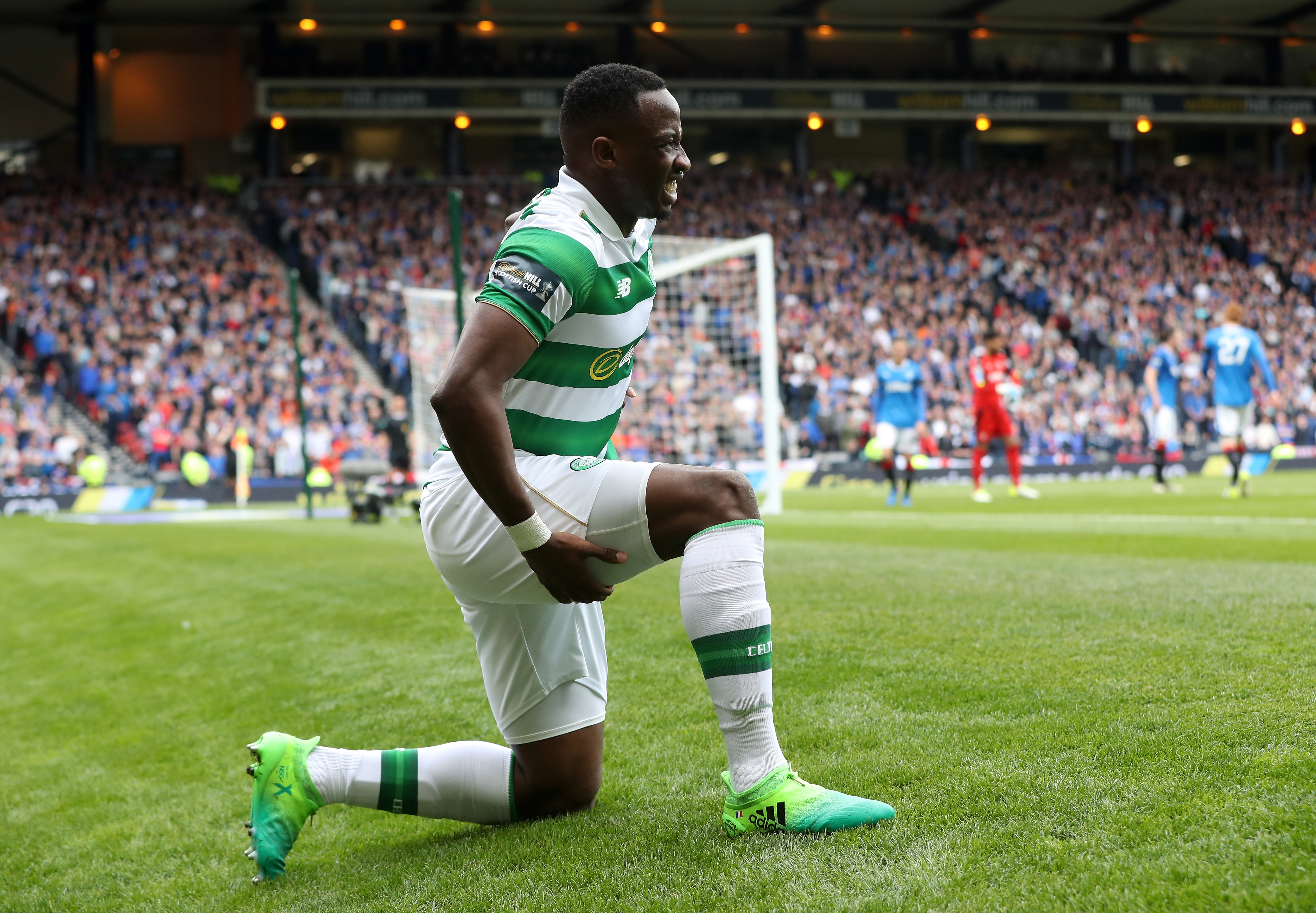 GLASGOW, SCOTLAND - APRIL 23:  Moussa Dembele of Celtic reacts after his injury during the Scottish Cup Semi-Final match between Celtic and Rangers at Hampden Park on April 23, 2017 in Glasgow, Scotland.  (Photo by Ian MacNicol/Getty Images)