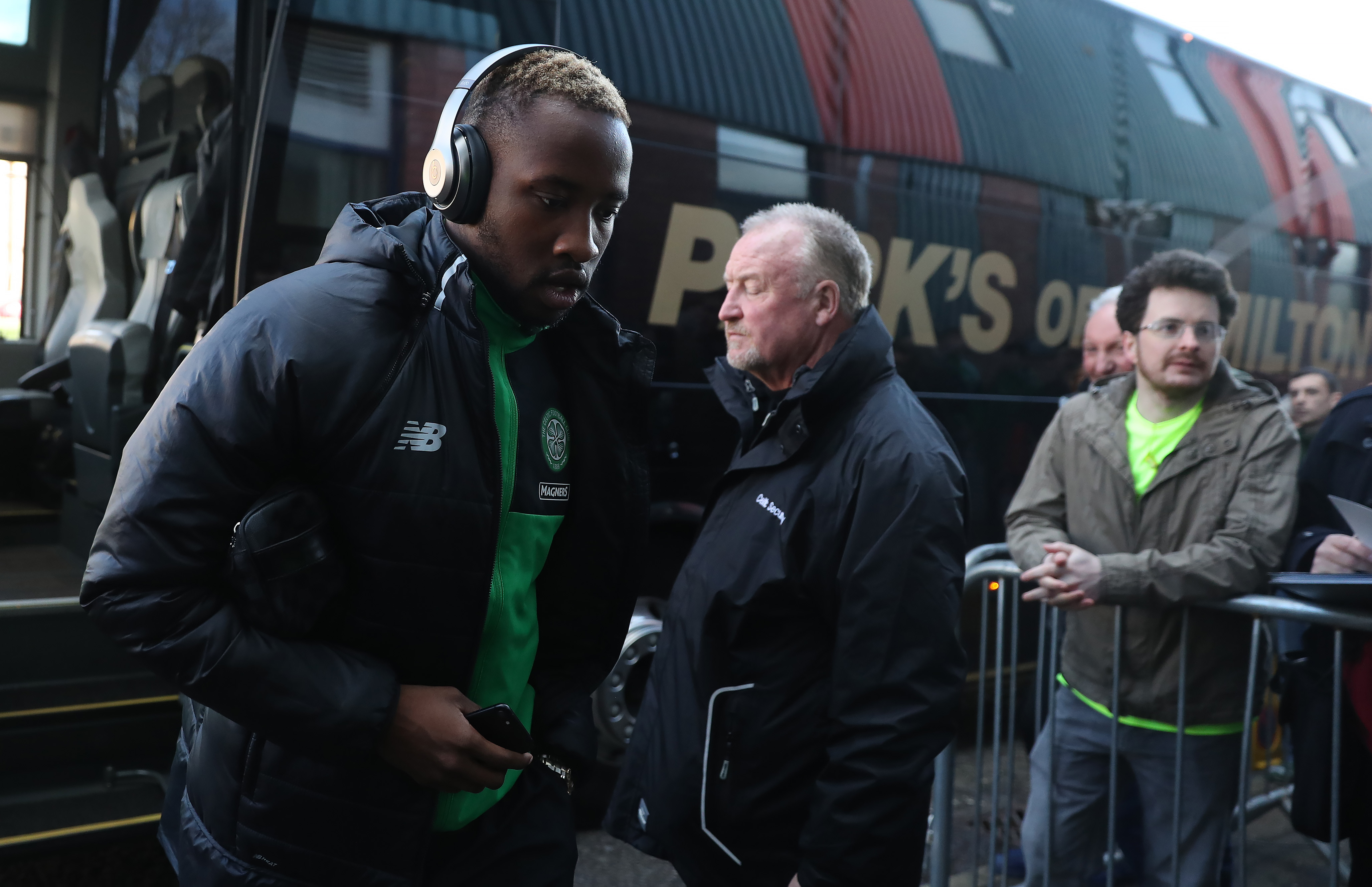 DUNDEE, SCOTLAND - MARCH 19:  Moussa Dembele of Celtic arrives at the stadium prior to the Ladbrokes Scottish Premiership match between Dundee and Celtic at Dens Park Stadium on March 19, 2017 in Dundee, Scotland. (Photo by Ian MacNicol/Getty Images)