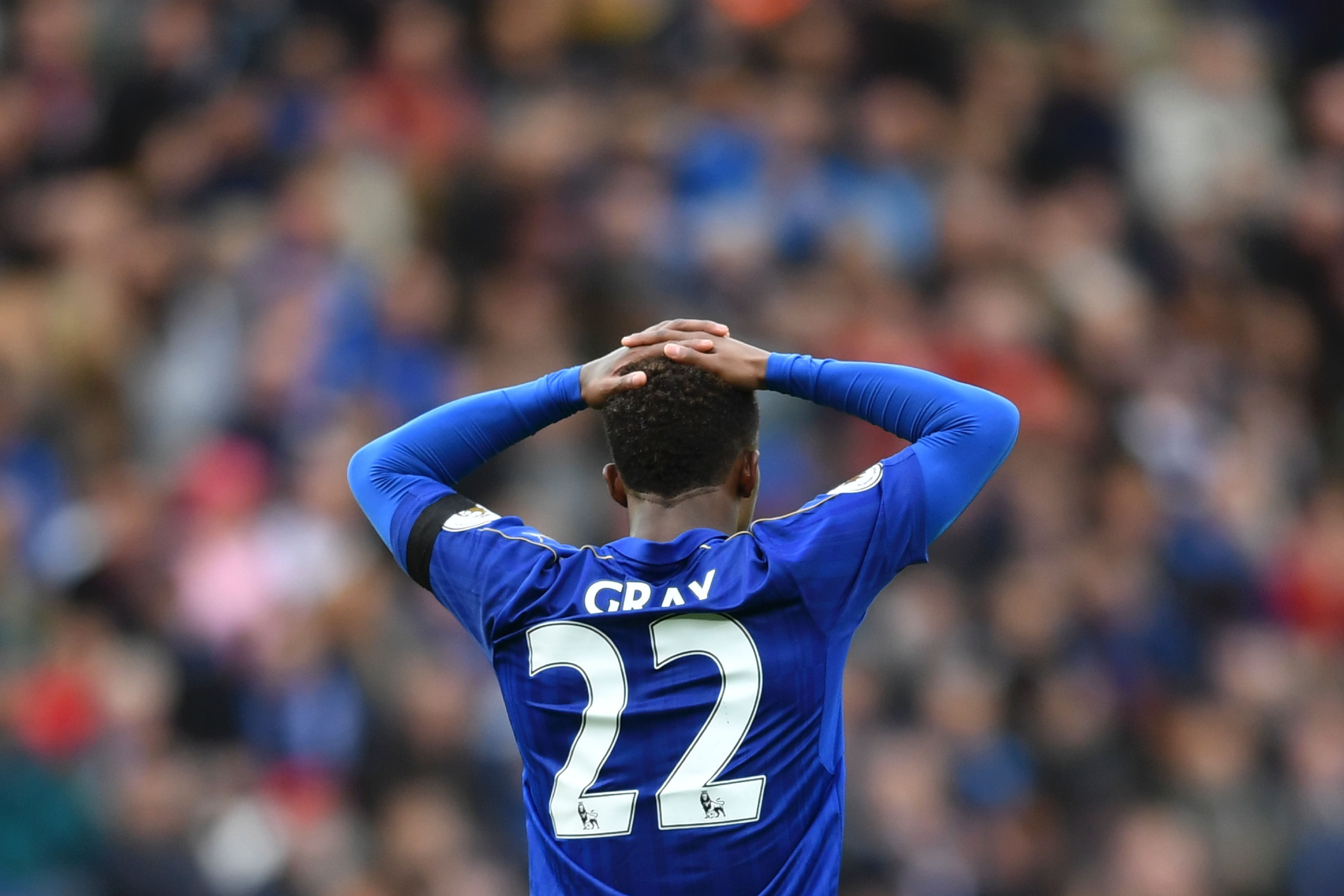 Leicester City's English midfielder Demarai Gray reacts during the English Premier League football match between Leicester City and Stoke City at King Power Stadium in Leicester, central England on April 1, 2017. / AFP PHOTO / Ben STANSALL / RESTRICTED TO EDITORIAL USE. No use with unauthorized audio, video, data, fixture lists, club/league logos or 'live' services. Online in-match use limited to 75 images, no video emulation. No use in betting, games or single club/league/player publications.  /         (Photo credit should read BEN STANSALL/AFP/Getty Images)