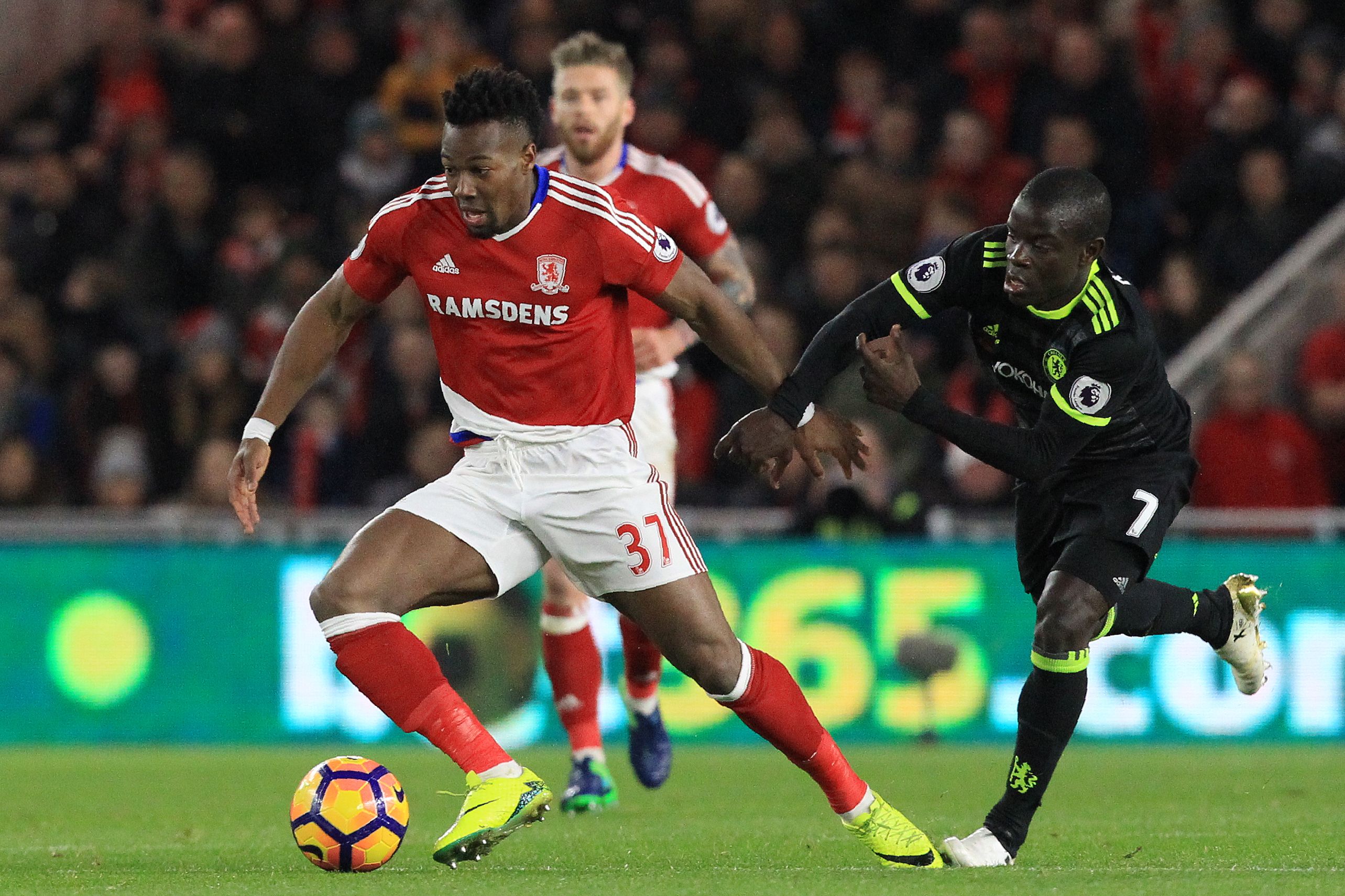 Middlesbrough's Spanish midfielder Adama Traore (L) vies with Chelsea's French midfielder N'Golo Kante during the English Premier League football match between Middlesbrough and Cheslea at Riverside Stadium in Middlesbrough, northeast England on November 20, 2016. / AFP / Lindsey PARNABY / RESTRICTED TO EDITORIAL USE. No use with unauthorized audio, video, data, fixture lists, club/league logos or 'live' services. Online in-match use limited to 75 images, no video emulation. No use in betting, games or single club/league/player publications.  /         (Photo credit should read LINDSEY PARNABY/AFP/Getty Images)