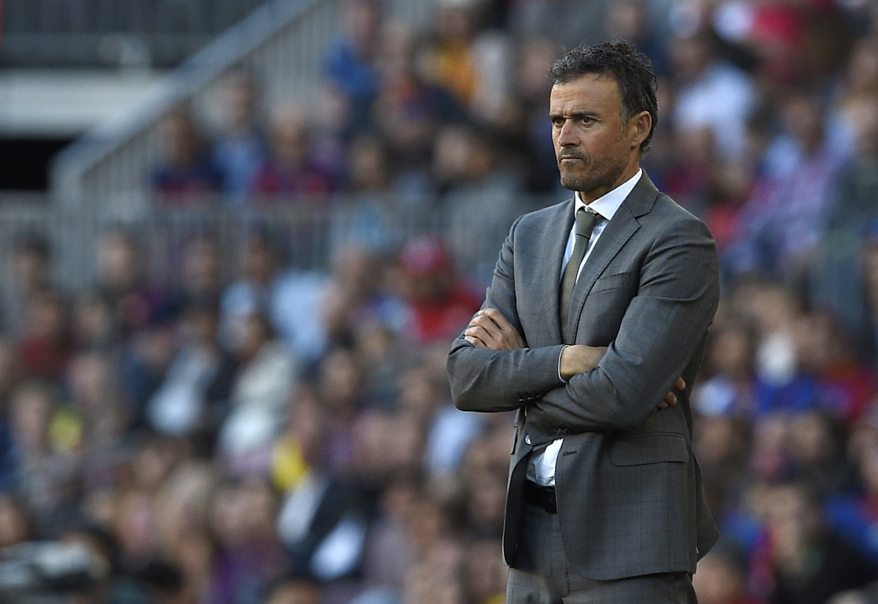 Barcelona's coach Luis Enrique looks on during the Spanish league football match FC Barcelona vs Villarreal CF at the Camp Nou stadium in Barcelona on May 6, 2017. / AFP PHOTO / LLUIS GENE        (Photo credit should read LLUIS GENE/AFP/Getty Images)