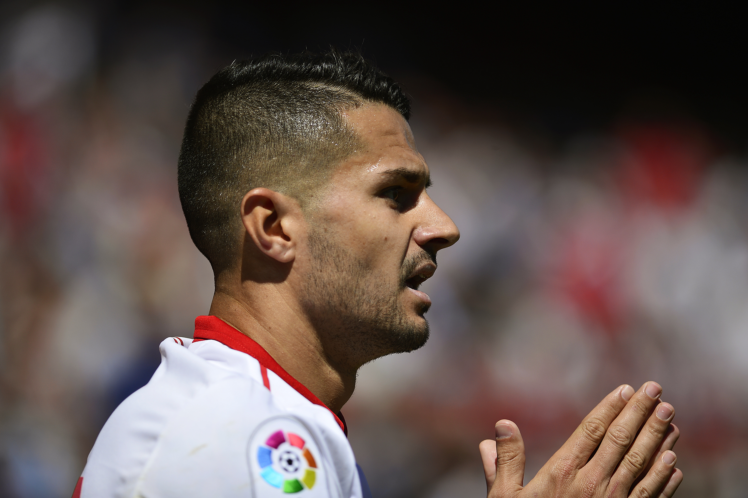 Sevilla's midfielder Vitolo gestures to the referee during the Spanish league football match Sevilla FC vs Real Sporting de Gijon at the Ramon Sanchez Pizjuan stadium in Sevilla on April 2, 2017. / AFP PHOTO / CRISTINA QUICLER        (Photo credit should read CRISTINA QUICLER/AFP/Getty Images)