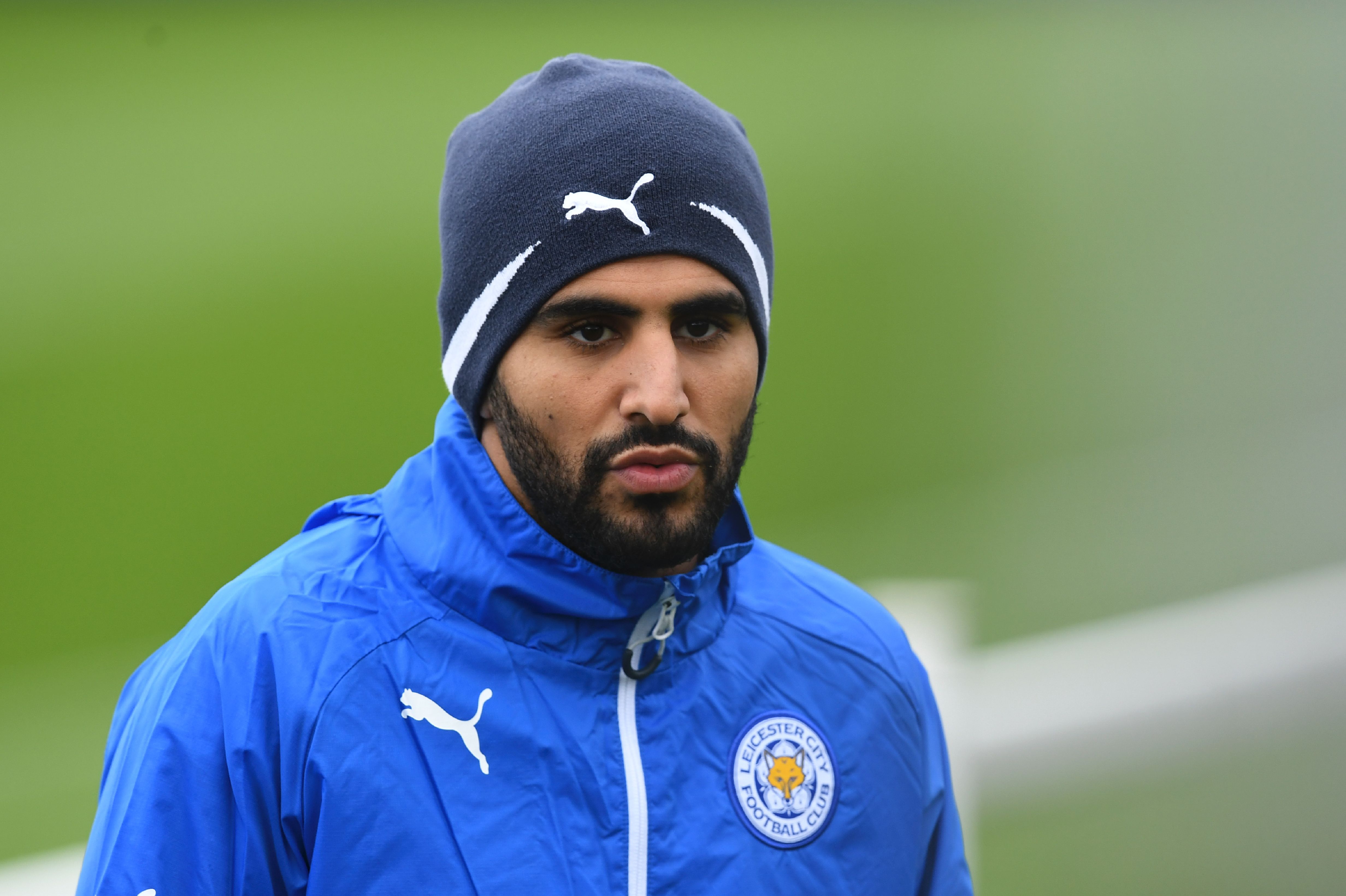 Leicester City's Algerian midfielder Riyad Mahrez attends a training session at Leicester City's training complex in Leicester, central England, on April 17, 2017 ahead of their UEFA Champions League quarter-final second leg football match against Spanish team Atletico Madrid on April 18. / AFP PHOTO / Paul ELLIS        (Photo credit should read PAUL ELLIS/AFP/Getty Images)