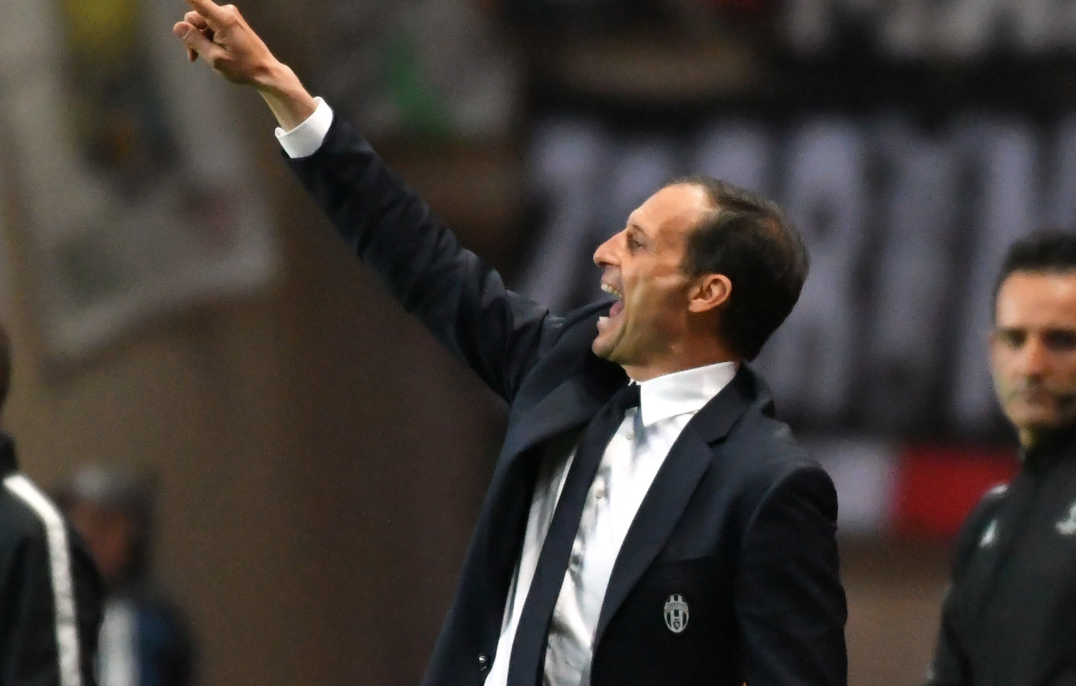 Juventus' coach from Italy Massimiliano Allegri (C) gestures during the UEFA Champions League semi-final first leg football match between Monaco and Juventus at the Stade Louis II stadium in Monaco on May 3, 2017. / AFP PHOTO / PASCAL GUYOT        (Photo credit should read PASCAL GUYOT/AFP/Getty Images)