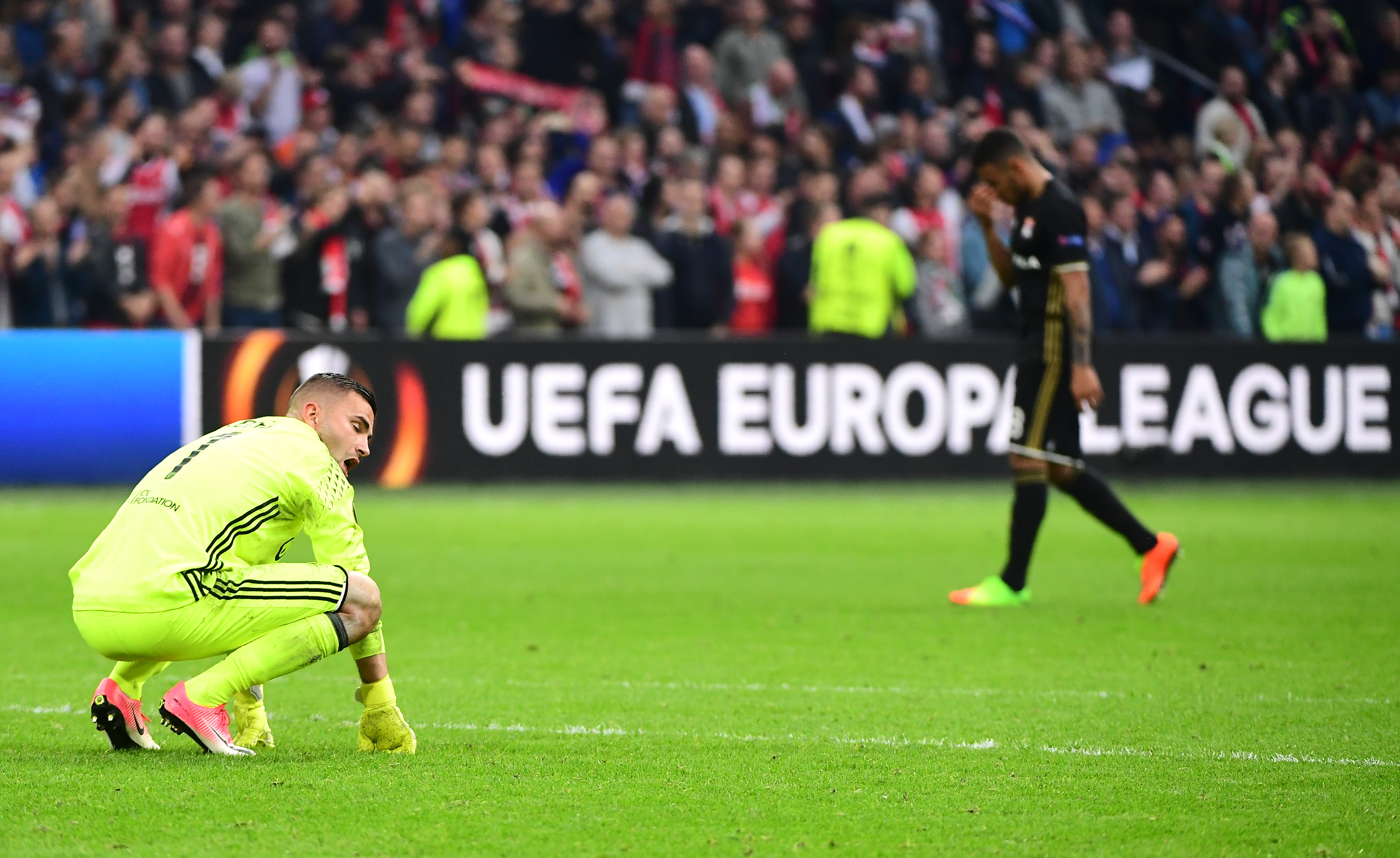 Lyon's Portuguese goalkeeper Anthony Lopes reacts after the UEFA Europa League semi-final, first leg, Ajax Amsterdam v Olympique Lyonnais (OL) on May 3, 2017 in Amsterdam.  / AFP PHOTO / Emmanuel DUNAND        (Photo credit should read EMMANUEL DUNAND/AFP/Getty Images)