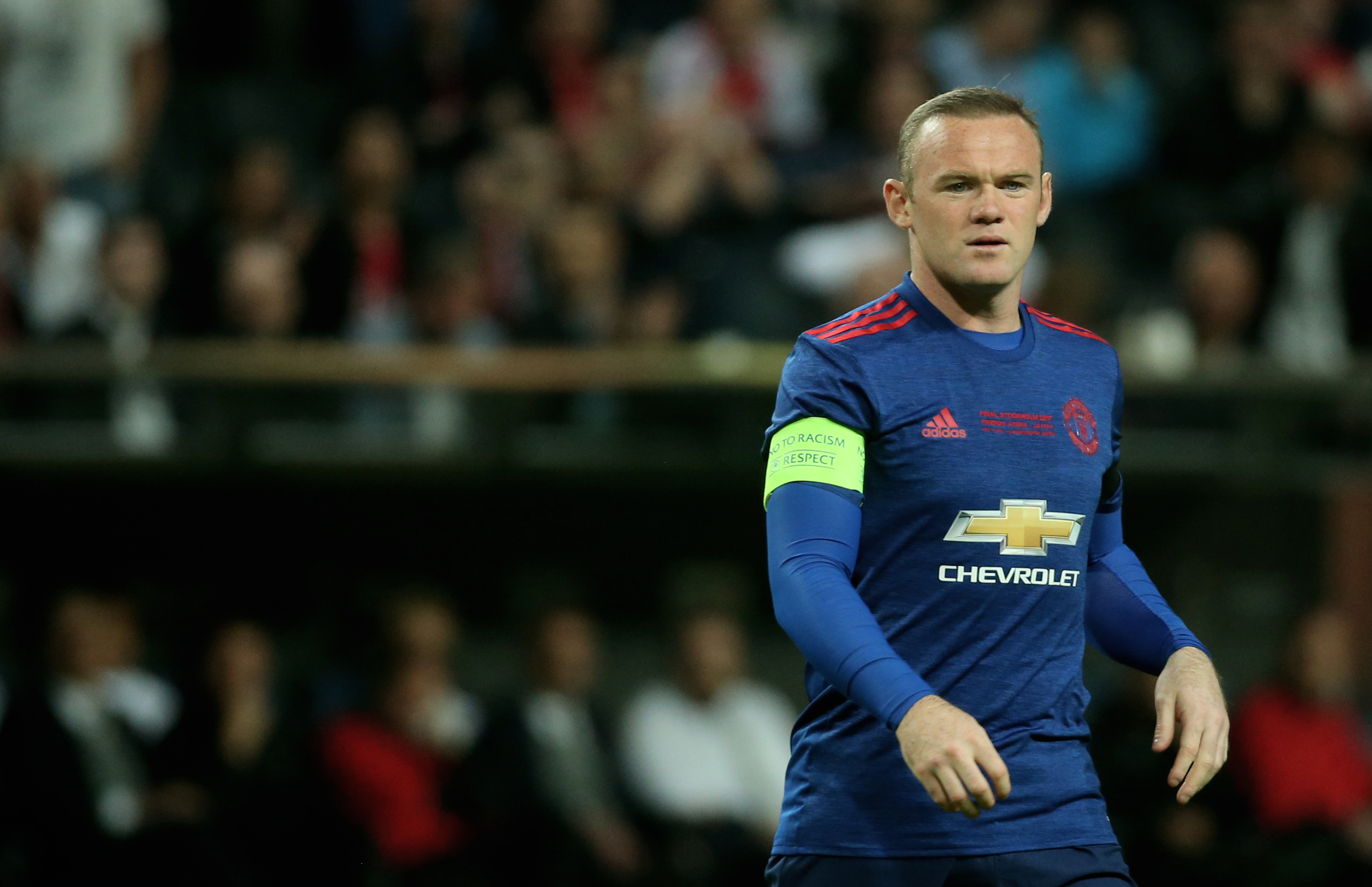 Manchester United's English striker Wayne Rooney (L) comes on the pitch during the UEFA Europa League final football match Ajax Amsterdam v Manchester United on May 24, 2017 at the Friends Arena in Solna outside Stockholm. / AFP PHOTO / Soren Andersson        (Photo credit should read SOREN ANDERSSON/AFP/Getty Images)