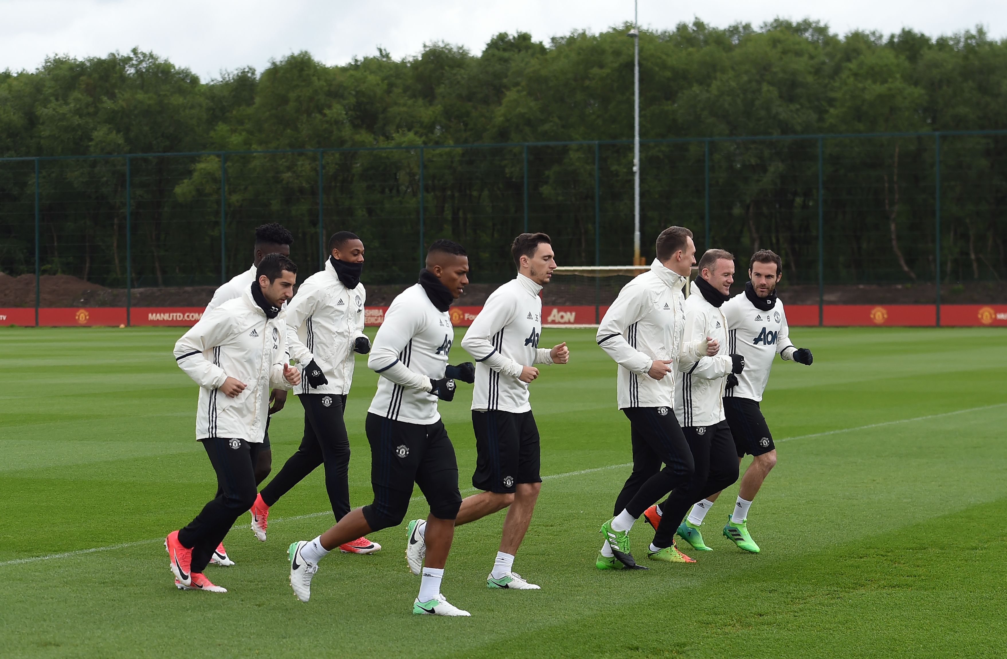 Manchester United's players attend a team training session as part of a media open day at the club's training complex near Carrington, west of Manchester in north west England on May 19, 2017, ahead of their UEFA Europa League final football match against Ajax. / AFP PHOTO / Paul ELLIS        (Photo credit should read PAUL ELLIS/AFP/Getty Images)