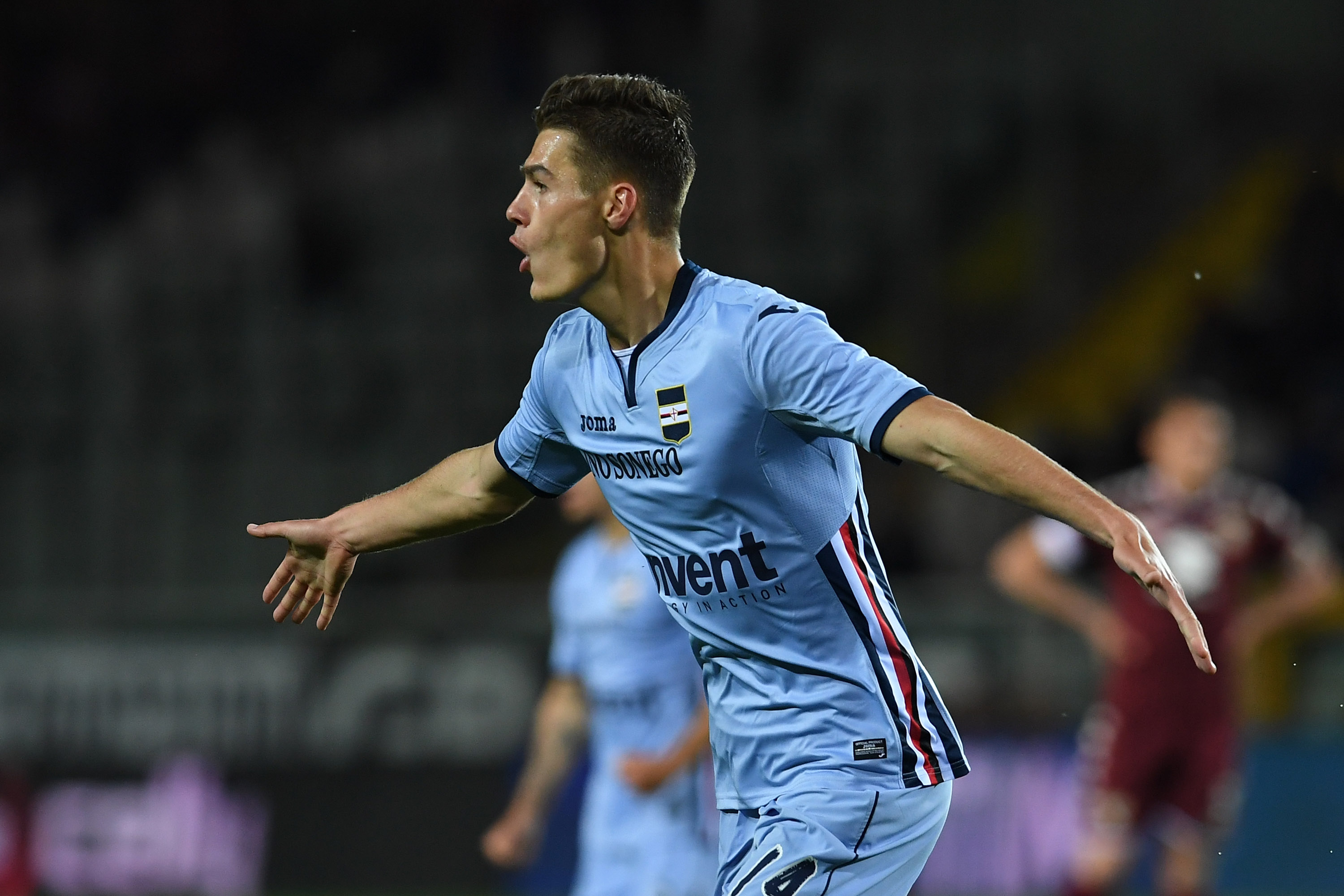 TURIN, ITALY - APRIL 29:  Patrik Schick of UC Sampdoria celebrates the opening goal during the Serie A match between FC Torino and UC Sampdoria at Stadio Olimpico di Torino on April 29, 2017 in Turin, Italy.  (Photo by Valerio Pennicino/Getty Images)