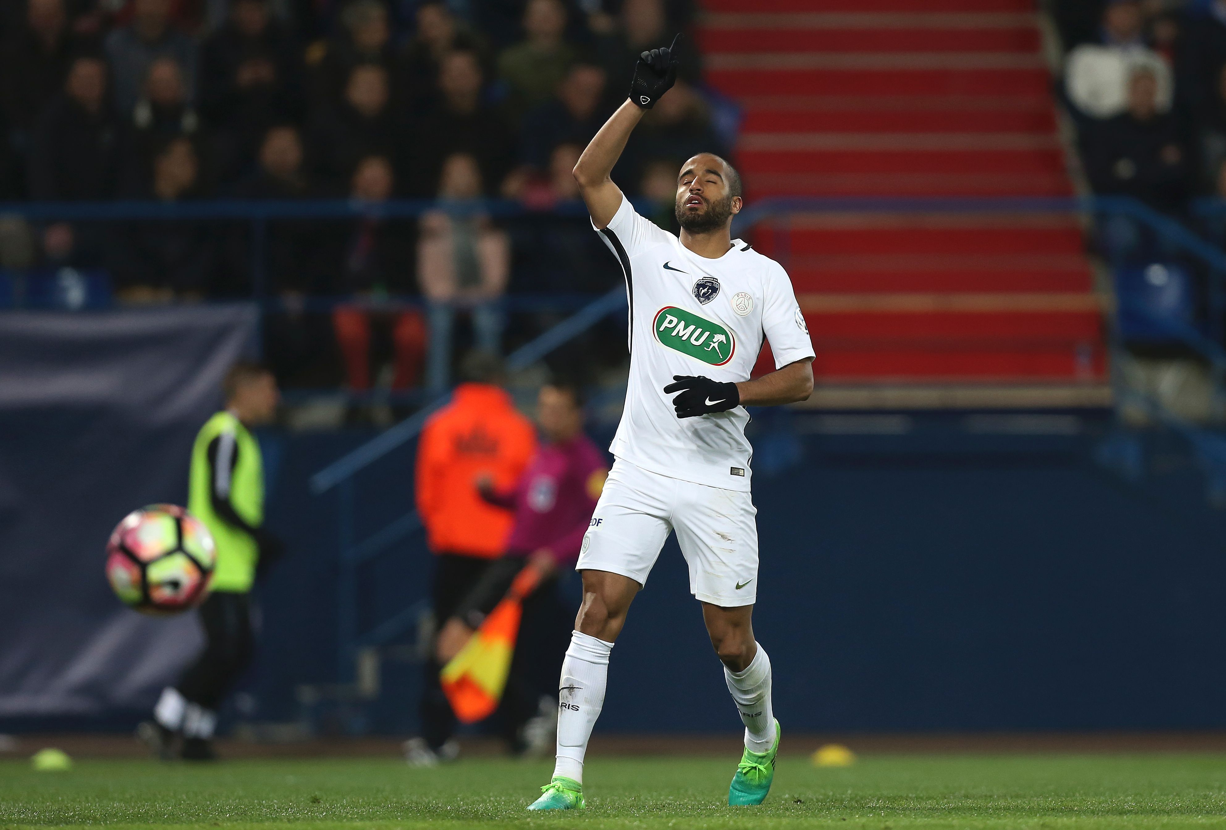 Paris Saint-Germain's Brazilian midfielder Lucas Moura scores during the French Cup football match between Avranches (USA) and Paris Saint-Germain (PSG), on April 5, 2017, in Michel D'Ornano Stadium, in Caen, northwestern France. / AFP PHOTO / CHARLY TRIBALLEAU        (Photo credit should read CHARLY TRIBALLEAU/AFP/Getty Images)