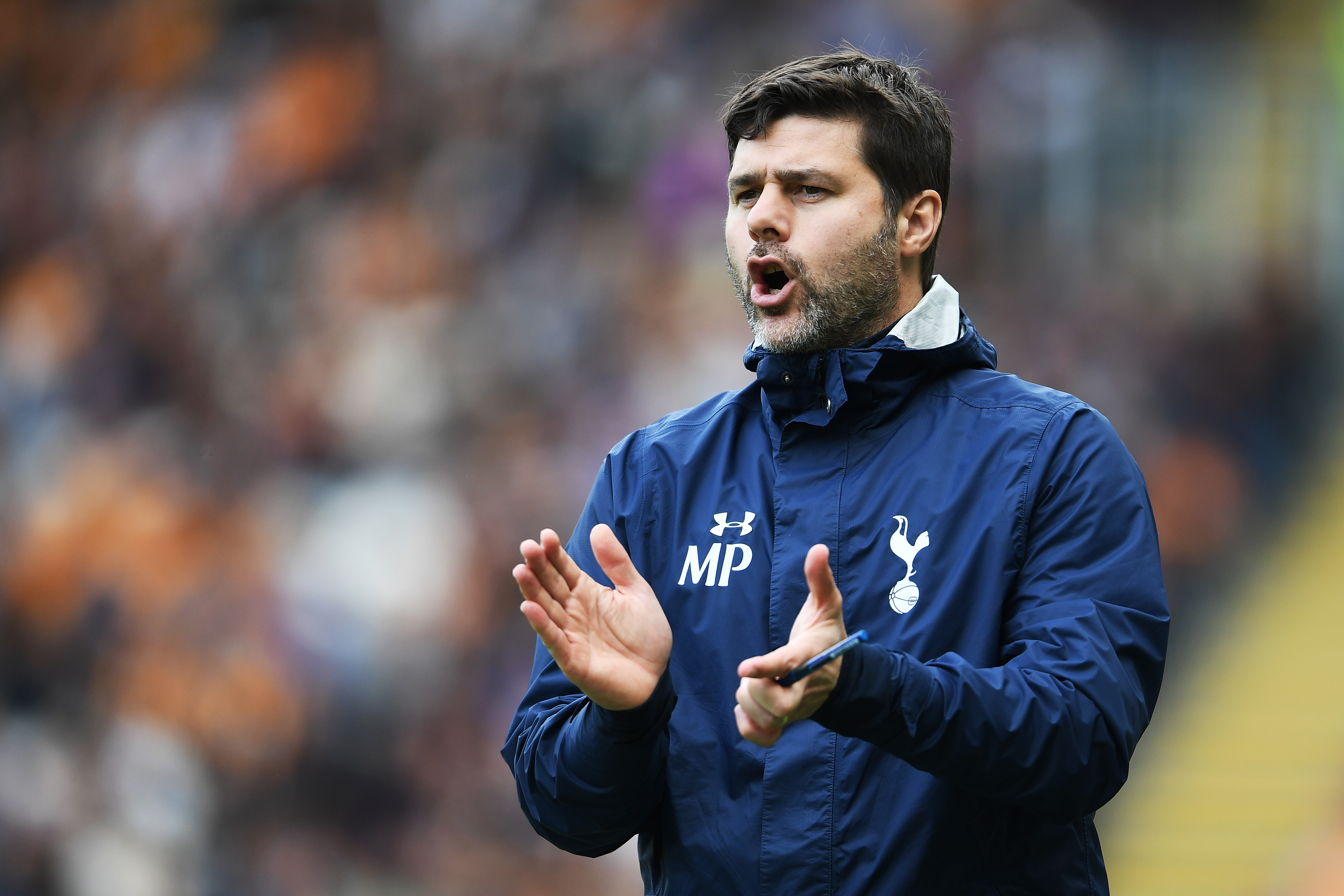 HULL, ENGLAND - MAY 21: Mauricio Pochettino, Manager of Tottenham Hotspur reacts during the Premier League match between Hull City and Tottenham Hotspur at the KC Stadium on May 21, 2017 in Hull, England.  (Photo by Laurence Griffiths/Getty Images)