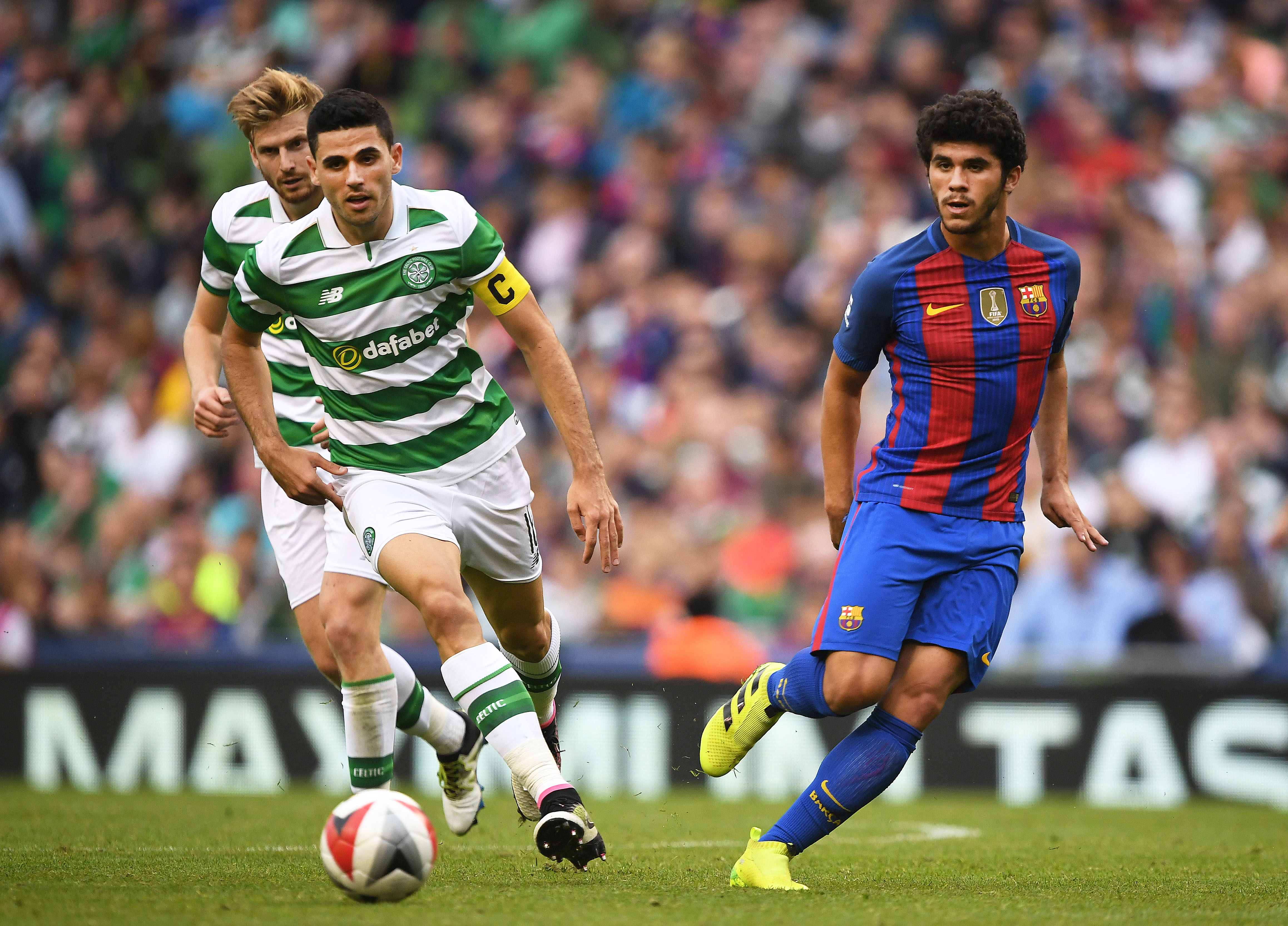 DUBLIN, IRELAND - JULY 30: Carles Alena (R) of Barcelona and Tomas Rogic (L) of Celtic during the International Champions Cup series match between Barcelona and Celtic at Aviva Stadium on July 30, 2016 in Dublin, Ireland. (Photo by Charles McQuillan/Getty Images)