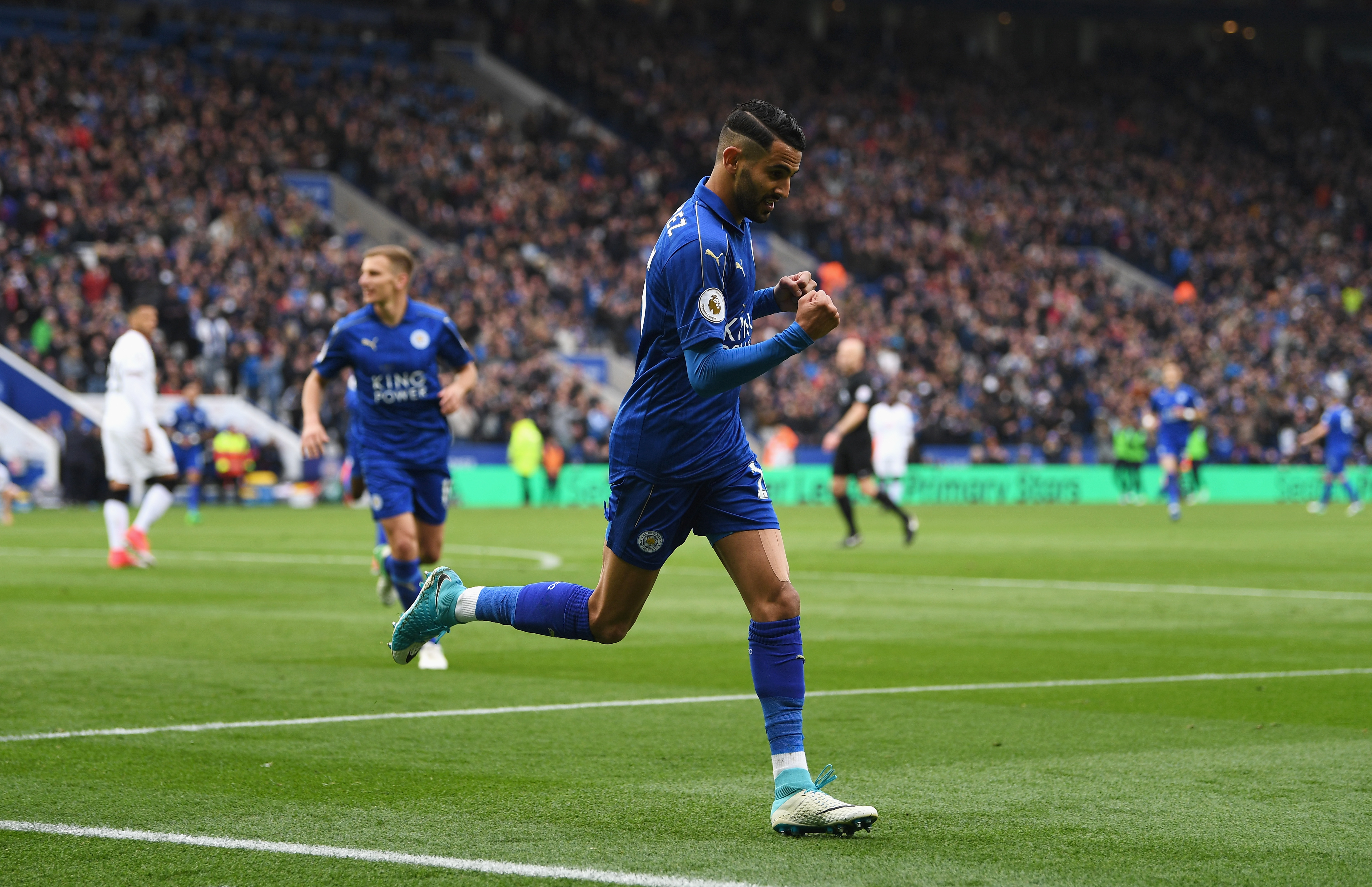 LEICESTER, ENGLAND - MAY 06:  Riyad Mahrez of Leicester City celebrates scoring his sides second goal during the Premier League match between Leicester City and Watford at The King Power Stadium on May 6, 2017 in Leicester, England.  (Photo by Michael Regan/Getty Images)