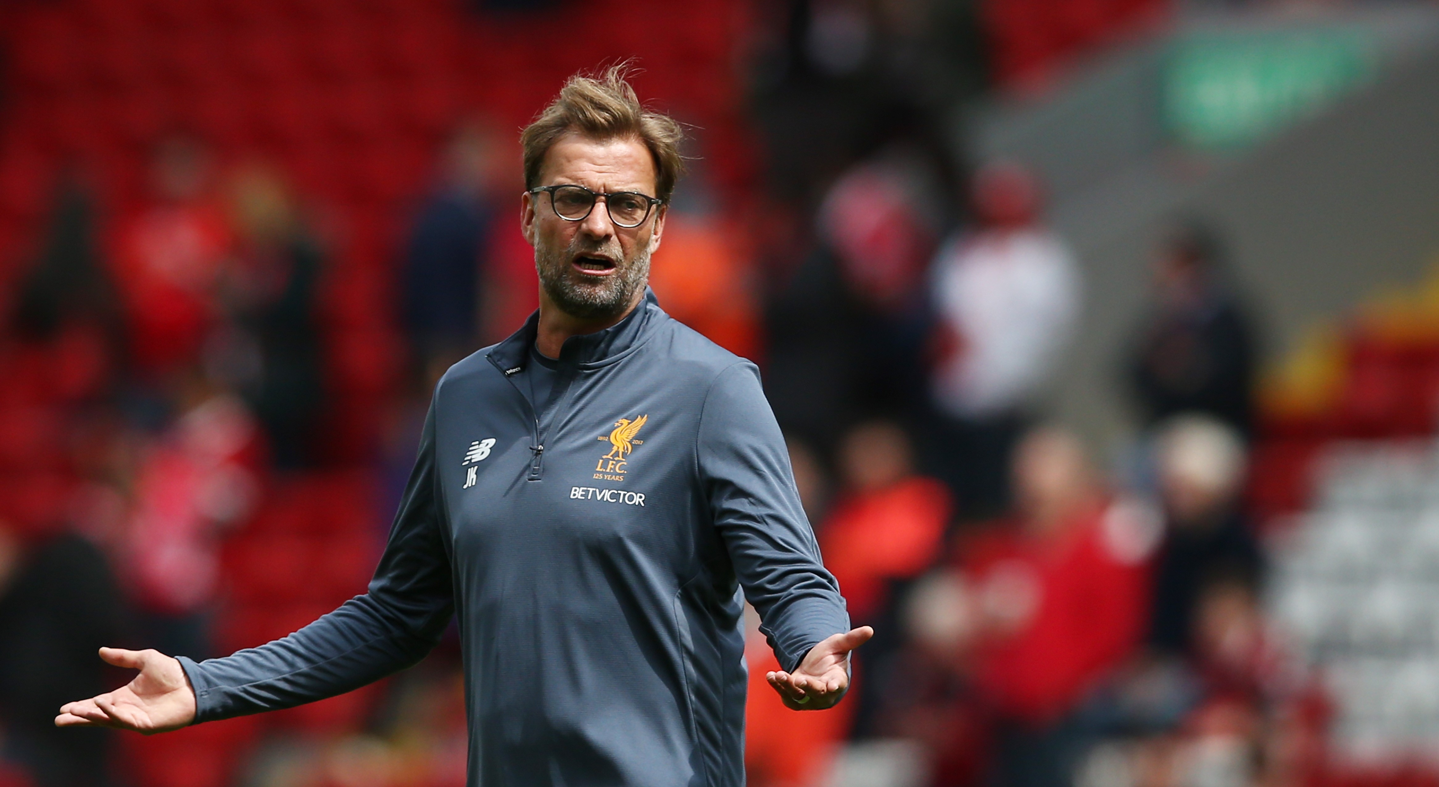 LIVERPOOL, ENGLAND - MAY 21: Jurgen Klopp, Manager of Liverpool looks on as his team warm up prior to the Premier League match between Liverpool and Middlesbrough at Anfield on May 21, 2017 in Liverpool, England.  (Photo by Jan Kruger/Getty Images)