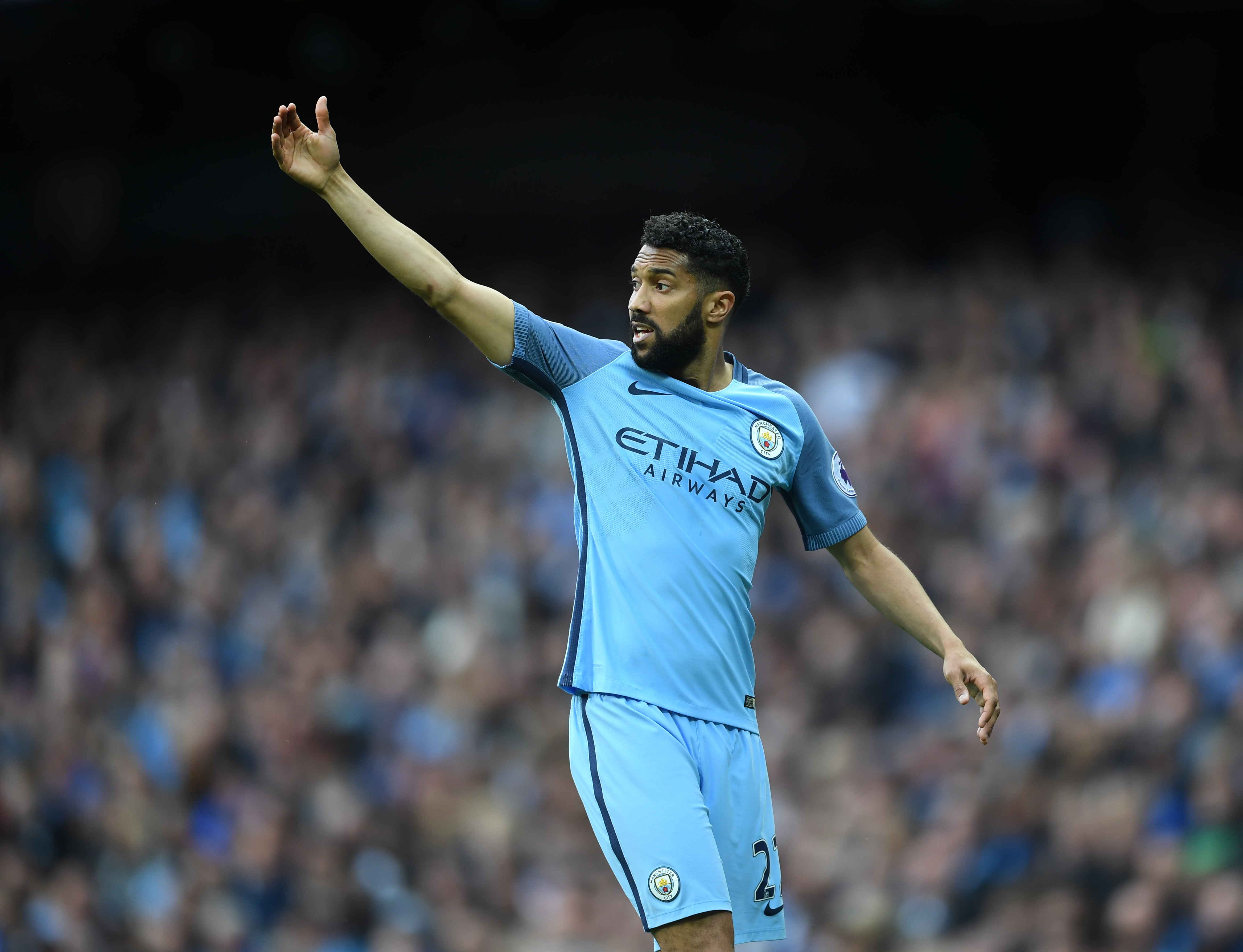 MANCHESTER, ENGLAND - MAY 13:  Gael Clichy of Manchester City looks no  during the Premier League match between Manchester City and Leicester City at Etihad Stadium on May 13, 2017 in Manchester, England.  (Photo by Laurence Griffiths/Getty Images)