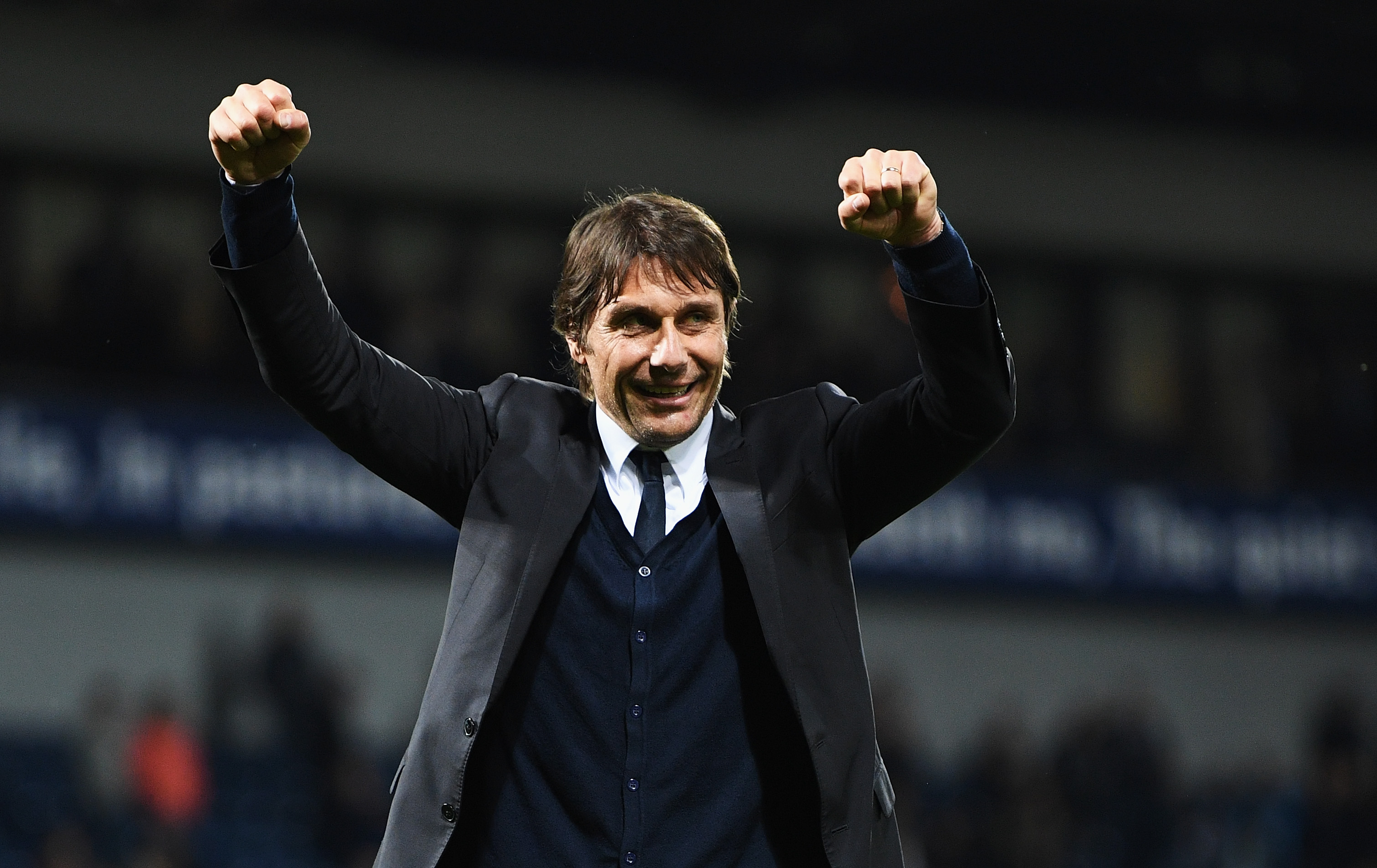 WEST BROMWICH, ENGLAND - MAY 12:  Antonio Conte, Manager of Chelsea celebrates winning the league after the Premier League match between West Bromwich Albion and Chelsea at The Hawthorns on May 12, 2017 in West Bromwich, England. Chelsea are crowned champions after a 1-0 victory against West Bromwich Albion.  (Photo by Michael Regan/Getty Images)
